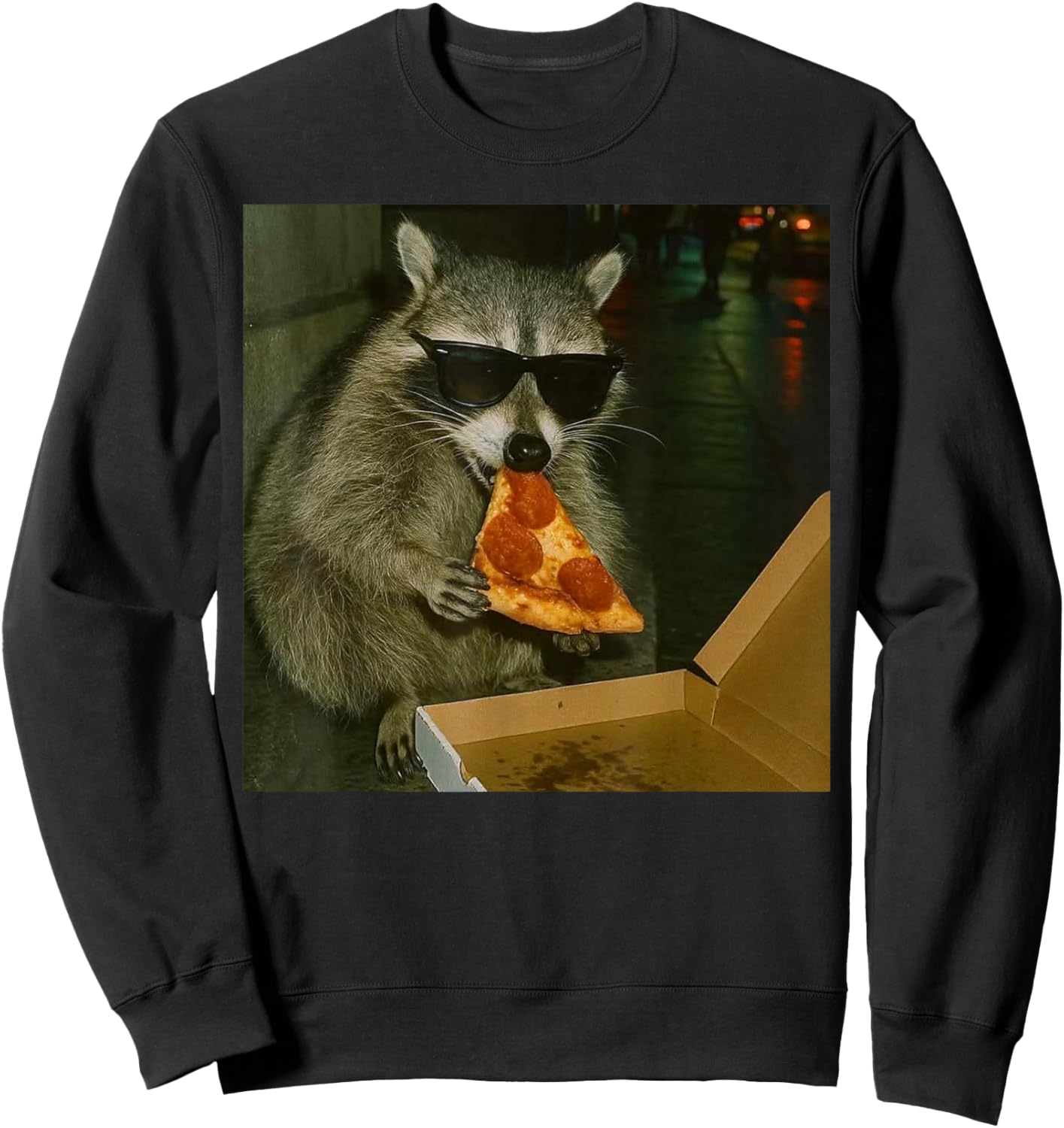 Funny Cool Racoon with Sunglasses Eating Pizza Vintage Meme Sweatshirt - Sweatshirt | Black