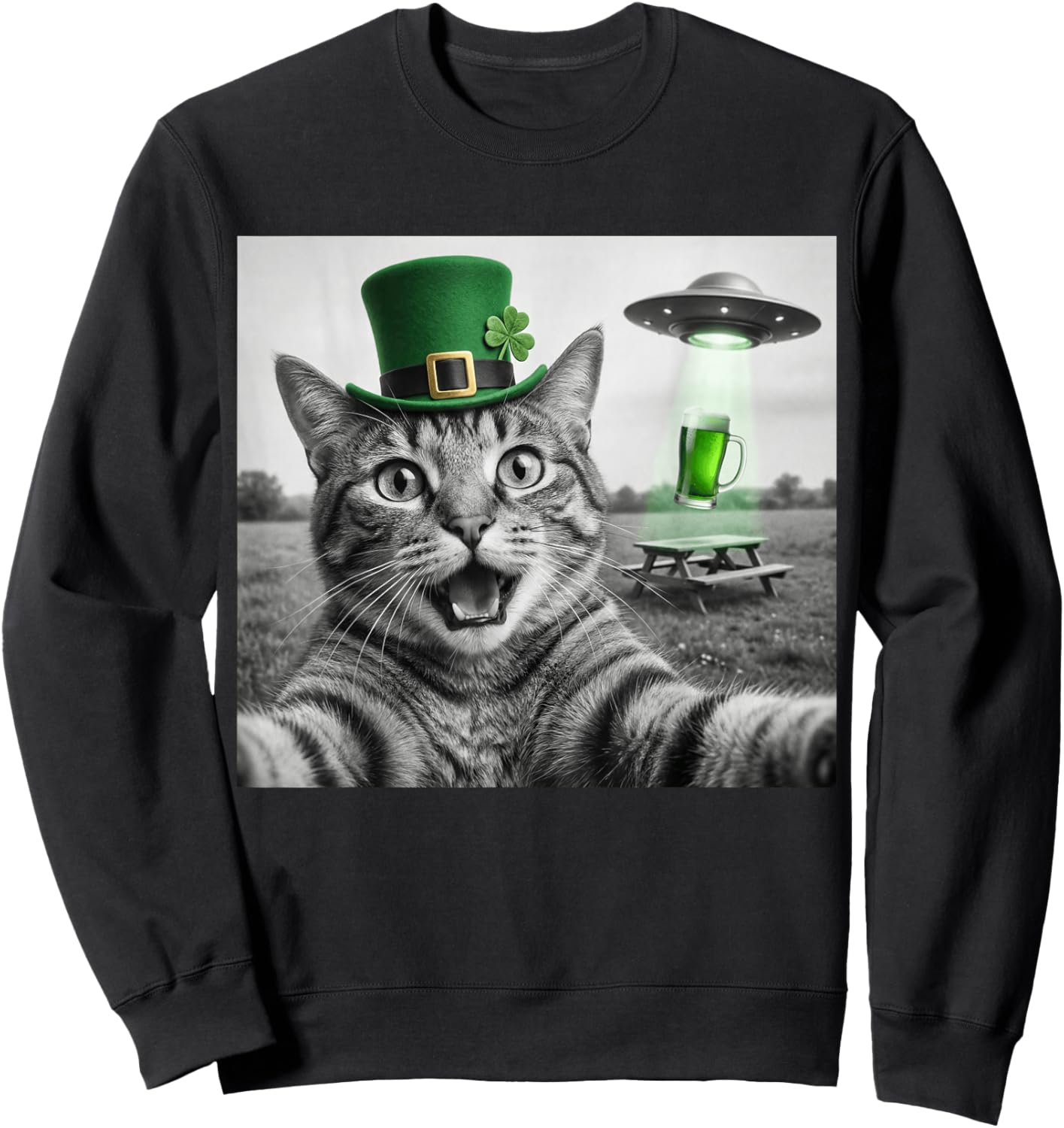 Funny Cat Selfie St Patricks Day UFO Abduction Green Beer Sweatshirt - Sweatshirt | Black