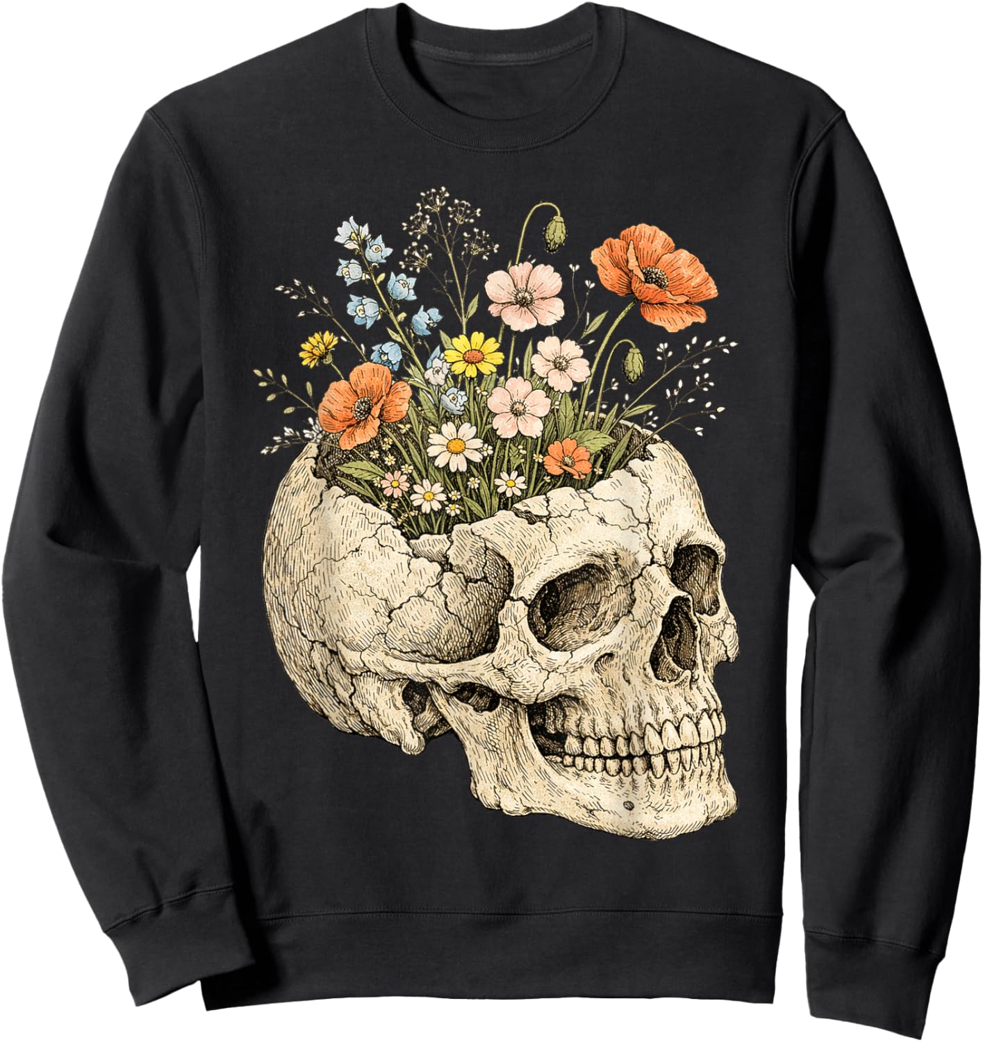 Floral Skull Skeleton Goth Dark Aesthetic Flower Plant Sweatshirt - Sweatshirt | Black