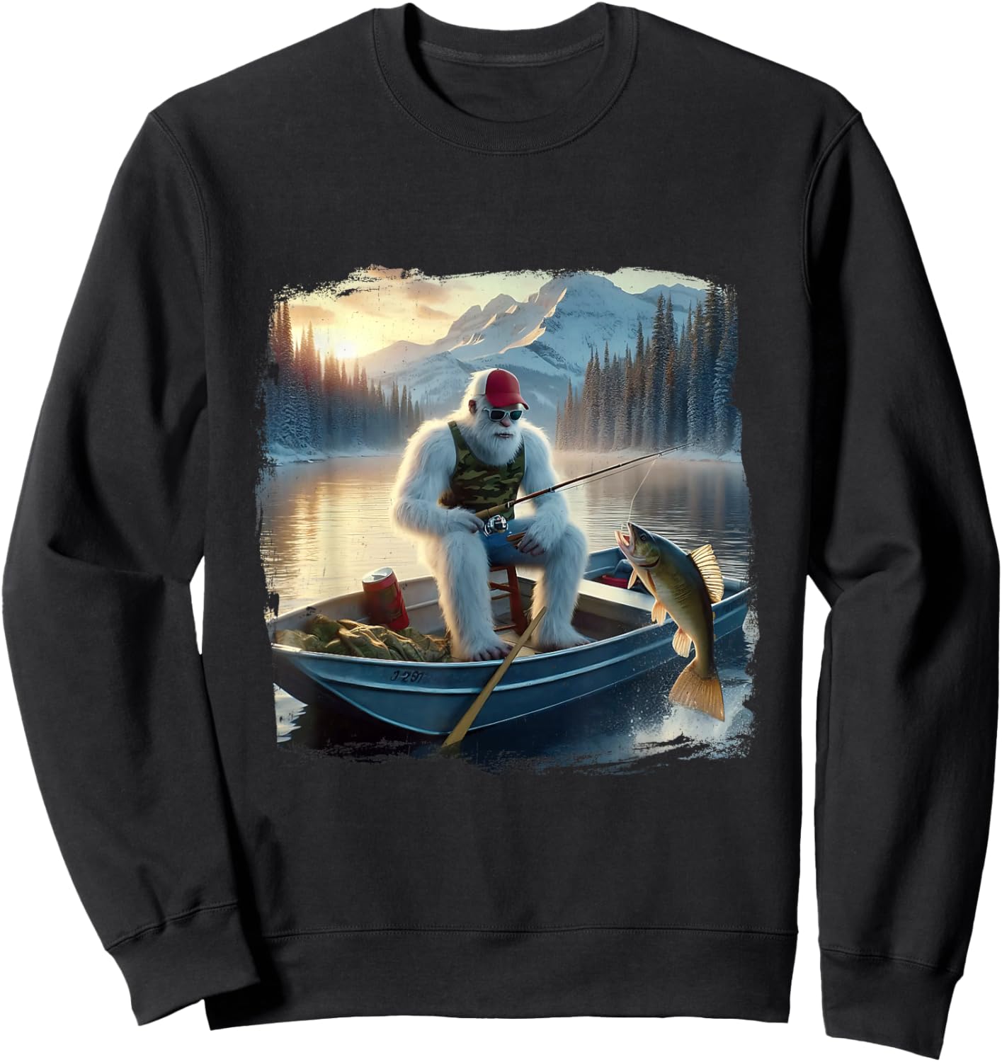 Fishing Merry Fishmas Funny Fish Santa Bigfoot Winter Sweatshirt - Sweatshirt | Black