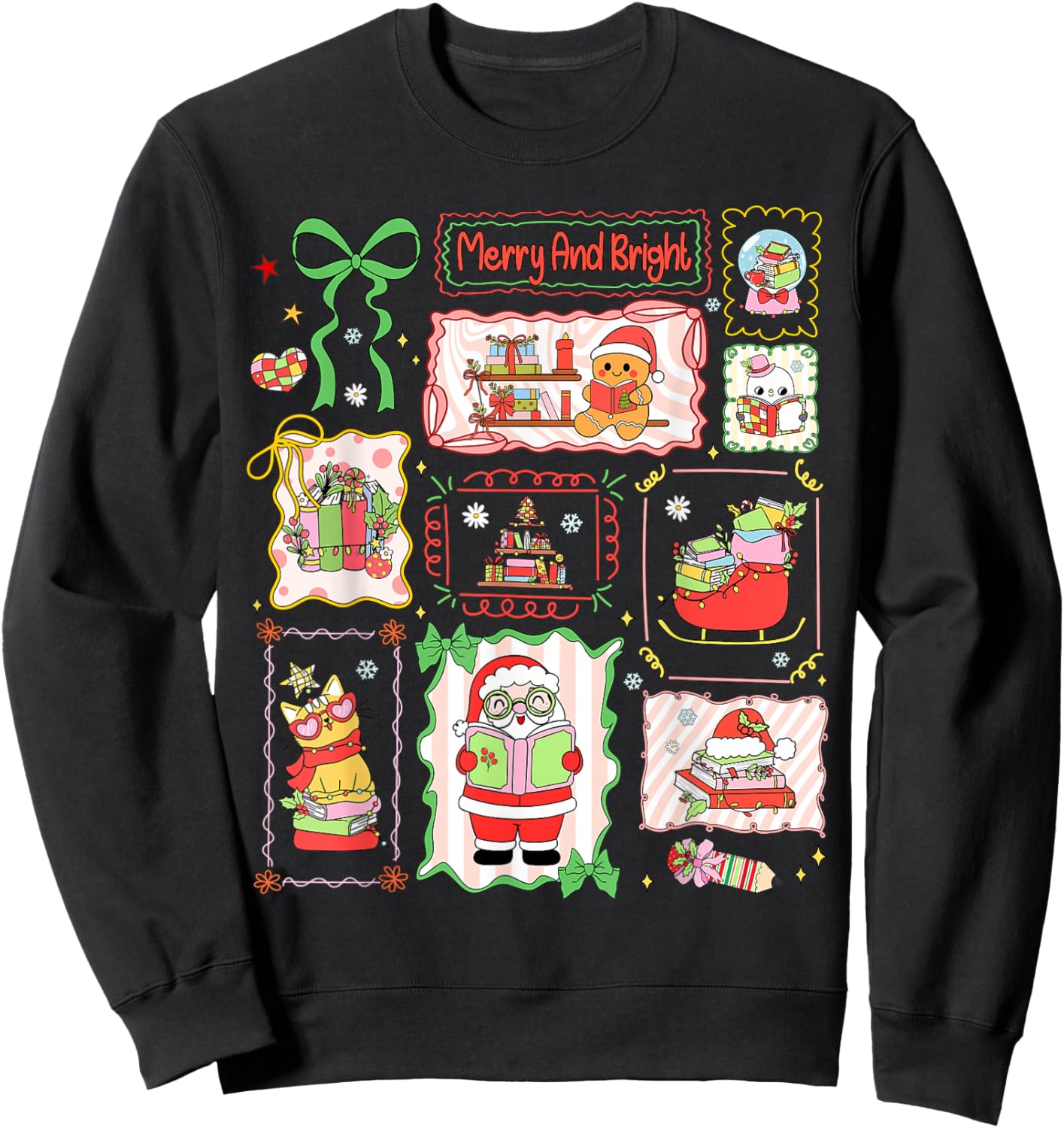 Merry and Bright Christmas Gingerbread Santa Book Teacher Sweatshirt - Sweatshirt | Black