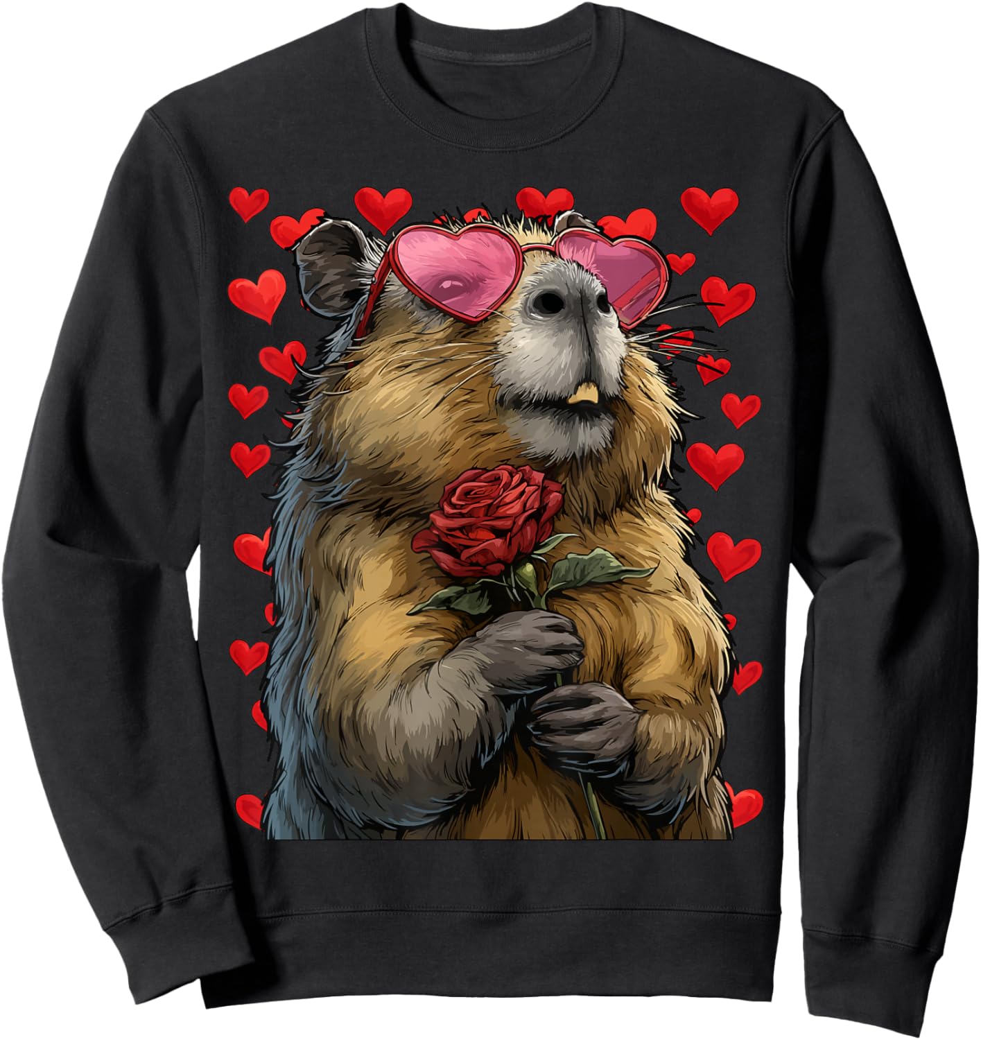 Cute Capybara with Heart Glasses Rose Valentine's Day Animal Sweatshirt - Sweatshirt | Black