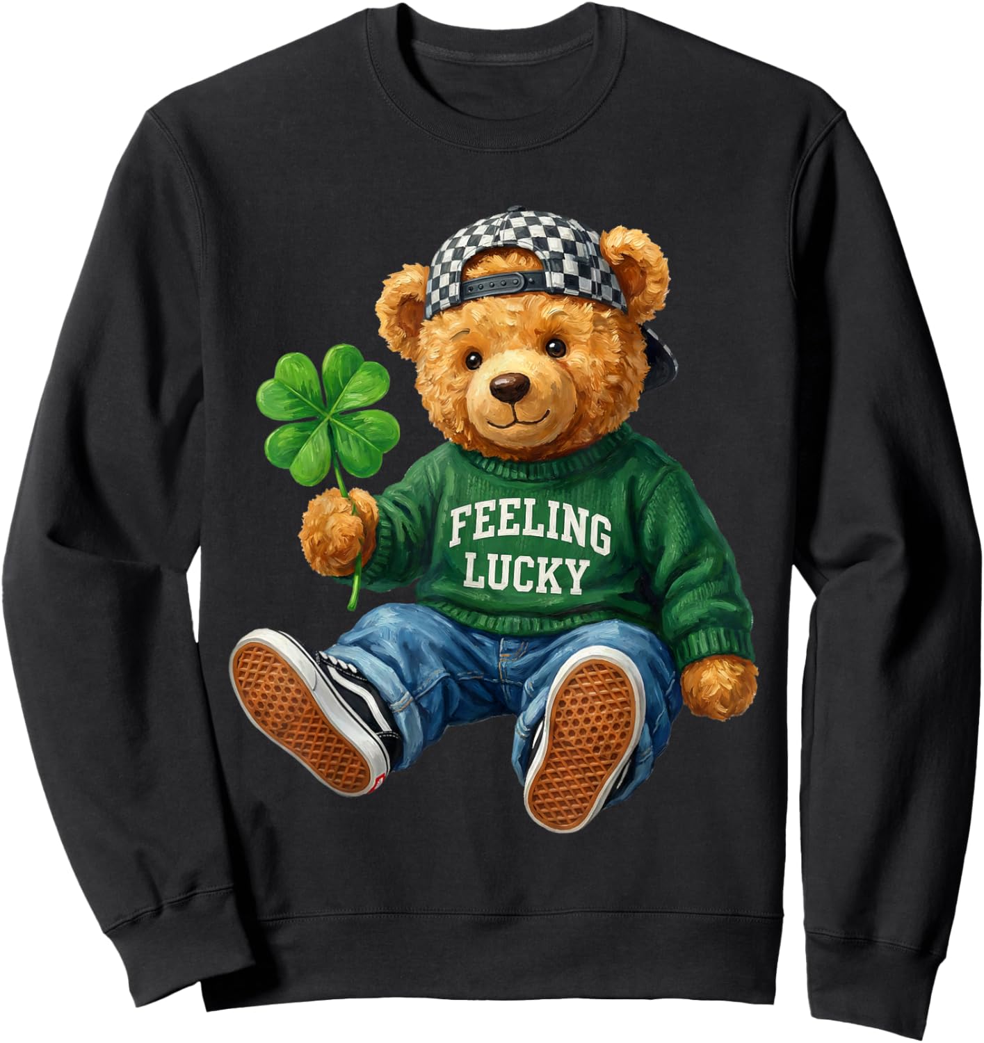 St Patricks Day Lucky Bear Four Leaf Clover Green Sweater Sweatshirt - Sweatshirt | Black