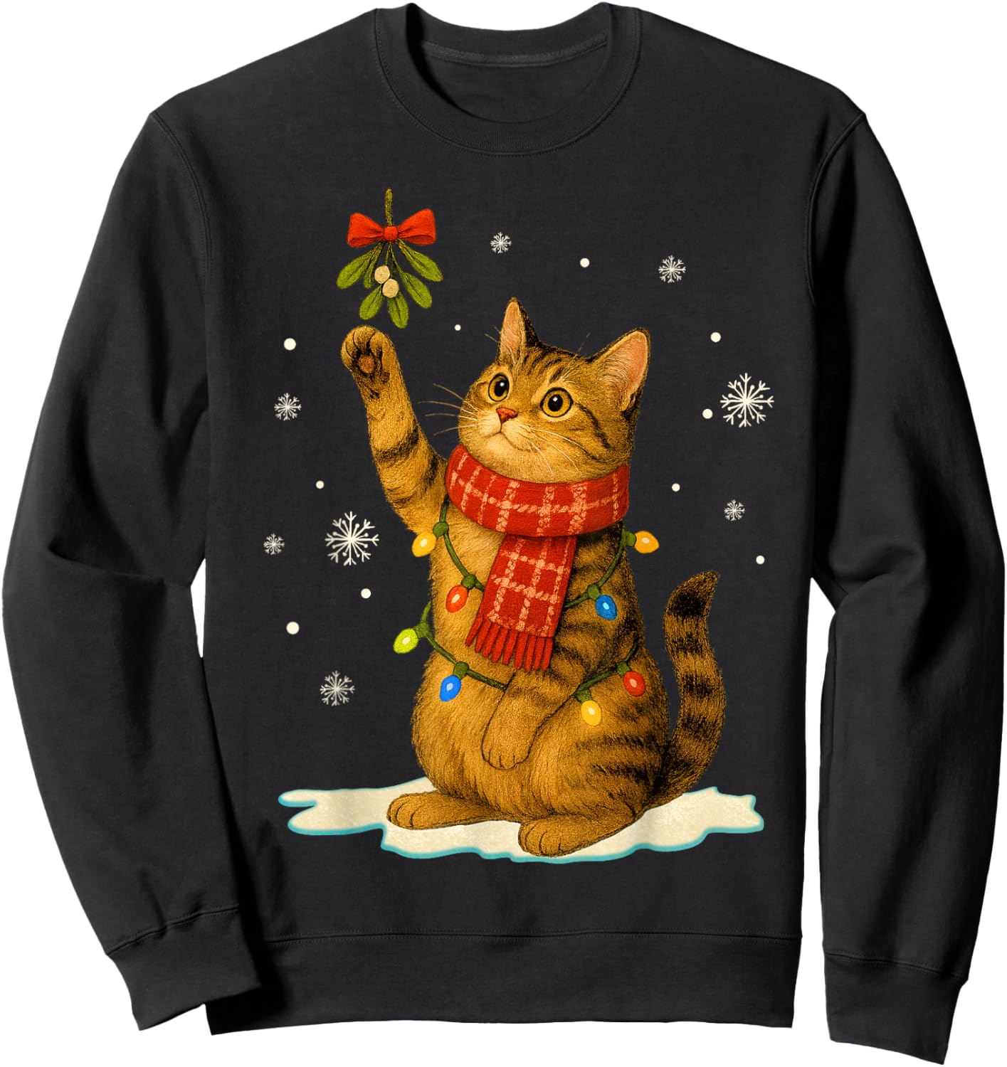 Cat Christmas Mistletoe Vintage Cat Lover Holiday Women Kids Sweatshirt - Sweatshirt | Black