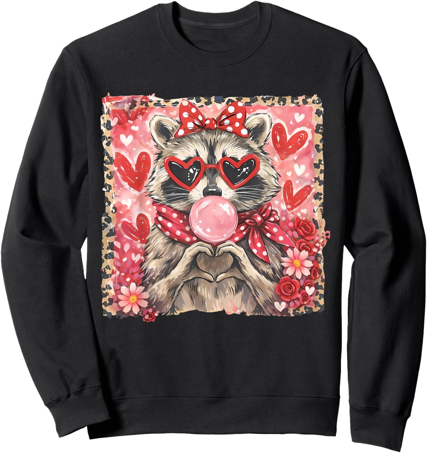Vintage Leopard Girls Valentine Raccoon Lover Heart XOXO Sweatshirt - Sweatshirt | Black