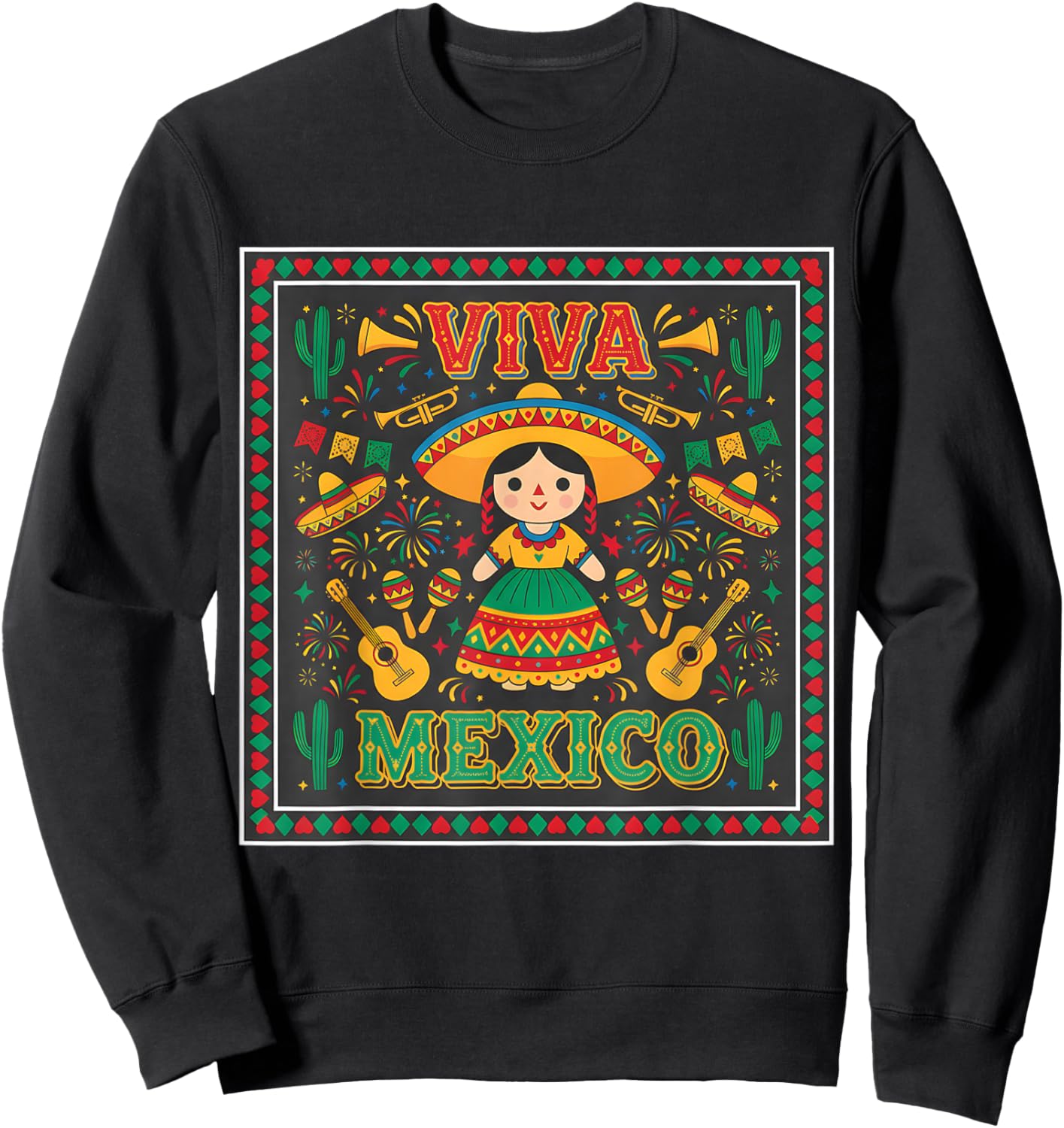 Fiesta Doll Sombrero Maracas Guitar Mexican Celebration Part Sweatshirt - Sweatshirt | Black