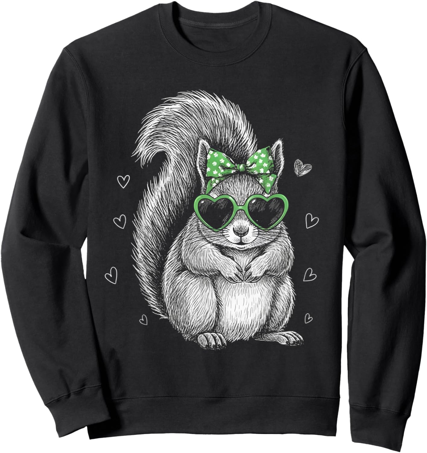 Vintage Squirrel Shamrock Coquette Bow St Patrick's Day Girl Sweatshirt - Sweatshirt | Black