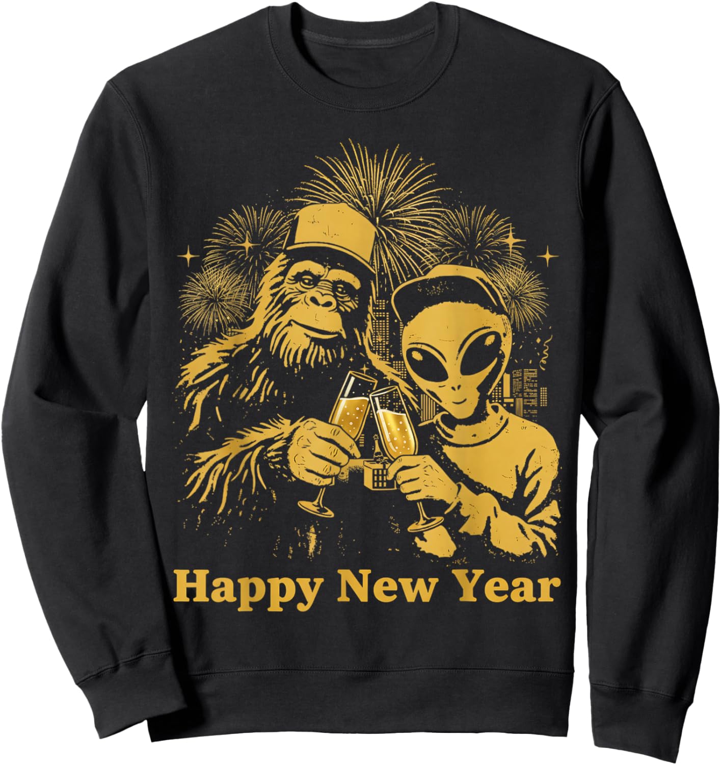 Happy New Year Bigfoot and Alien Sasquatch Fireworks Party Sweatshirt - Sweatshirt | Black