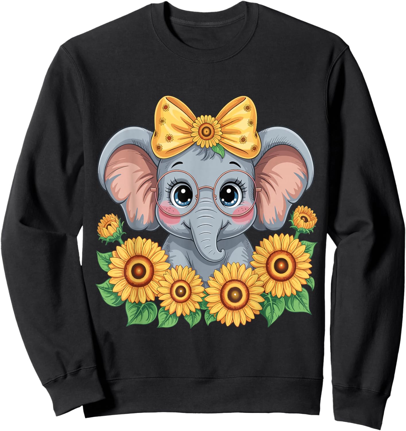 Cute Elephant Sunflower Elephant Lover Girls Sweatshirt - Sweatshirt | Black