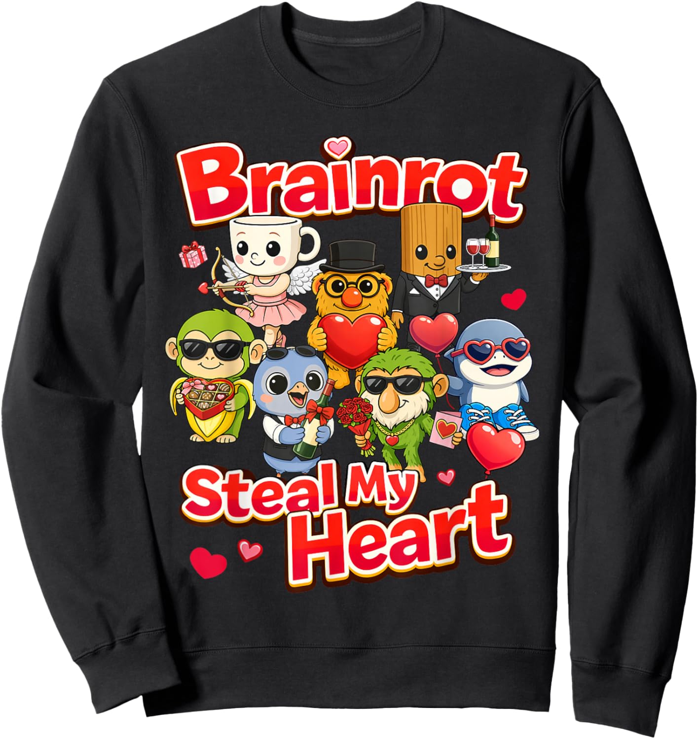 Brainrot Steal My Heart Valentine Kids AI Generated Cute Sweatshirt - Sweatshirt | Black