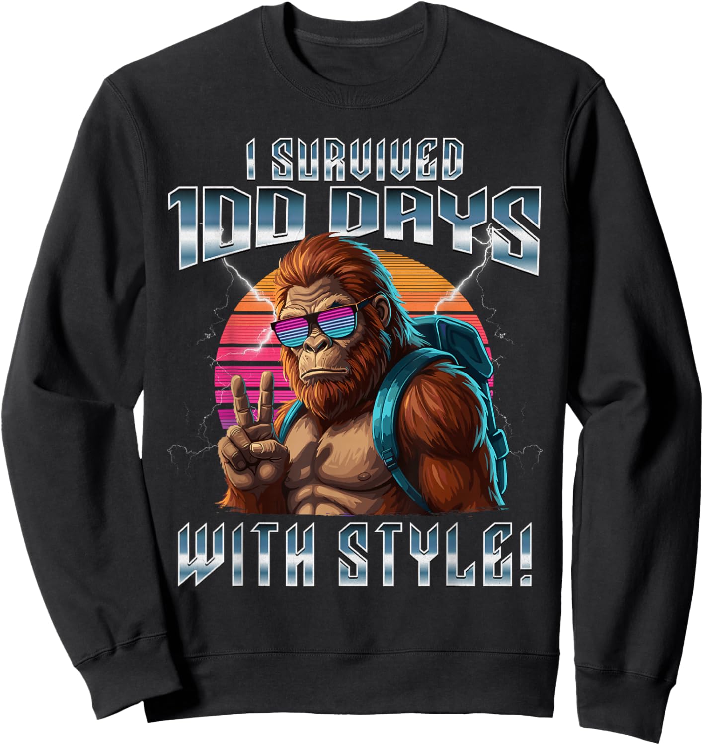 Retro I Survived 100 Days of School Bigfoot Kids Teacher Sweatshirt - Sweatshirt | Black