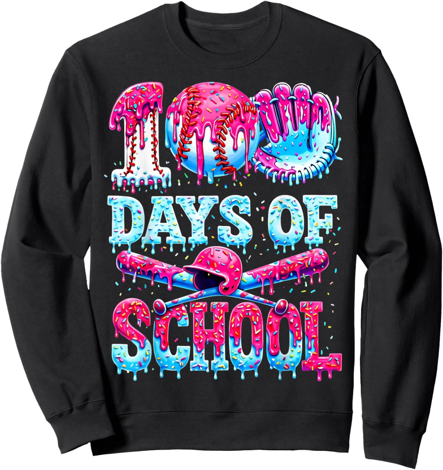 100 Days of School Baseball Ice Cream Drip Gift Boys Kid Sweatshirt - Sweatshirt | Black