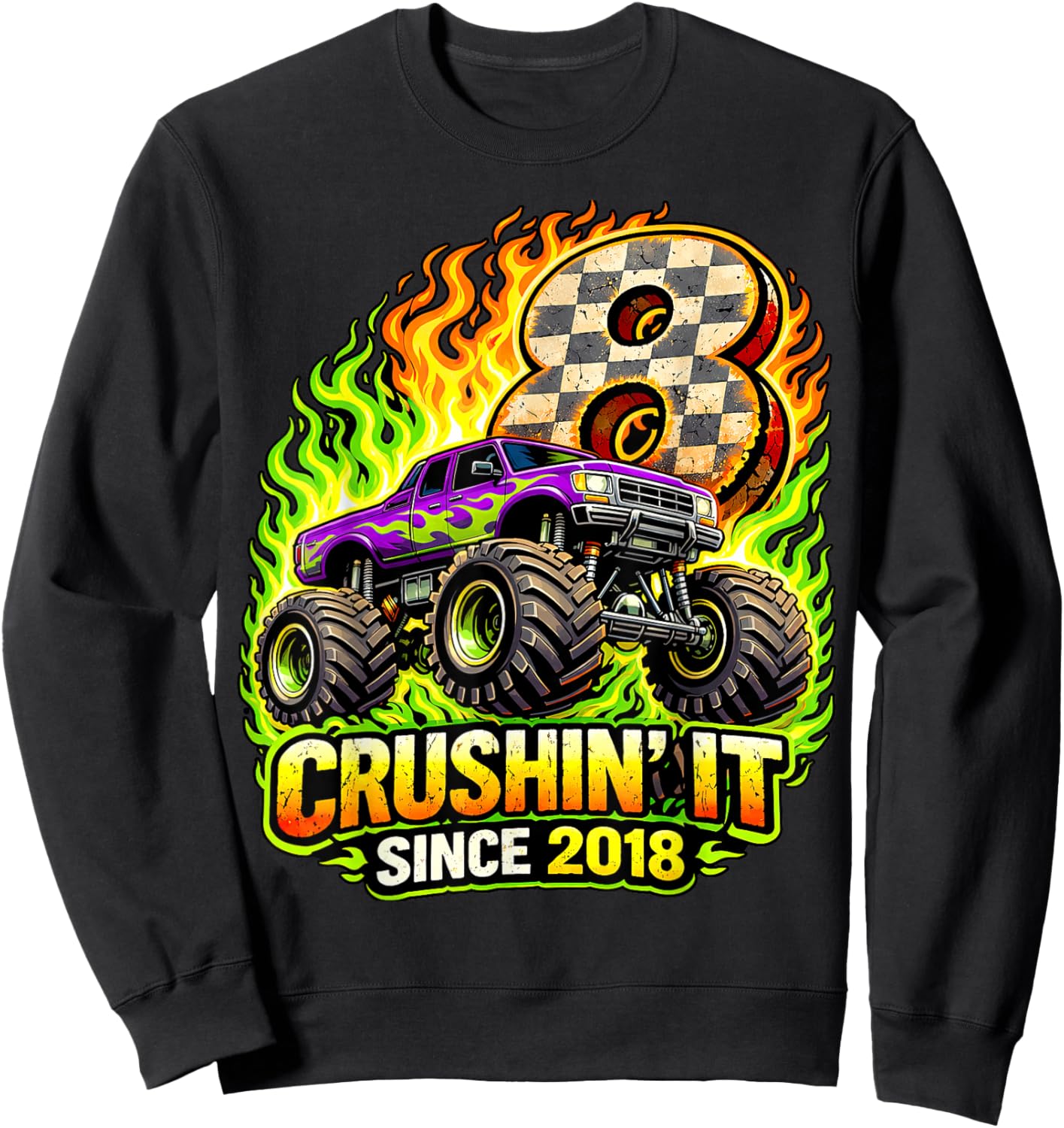 Birthday Monster Truck 8 Year Old Boys 8th Party Born 2018 Sweatshirt - Sweatshirt | Black