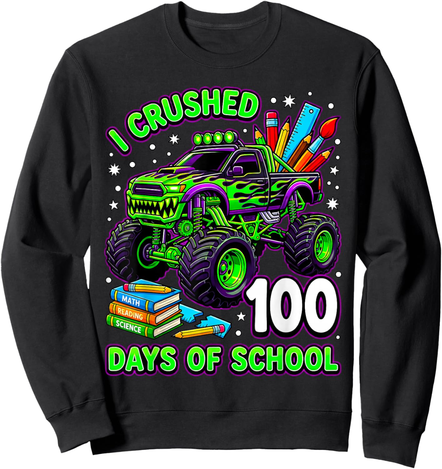 I Crushed 100 Days of School Monster Truck Boys 100th Day Sweatshirt - Sweatshirt | Black