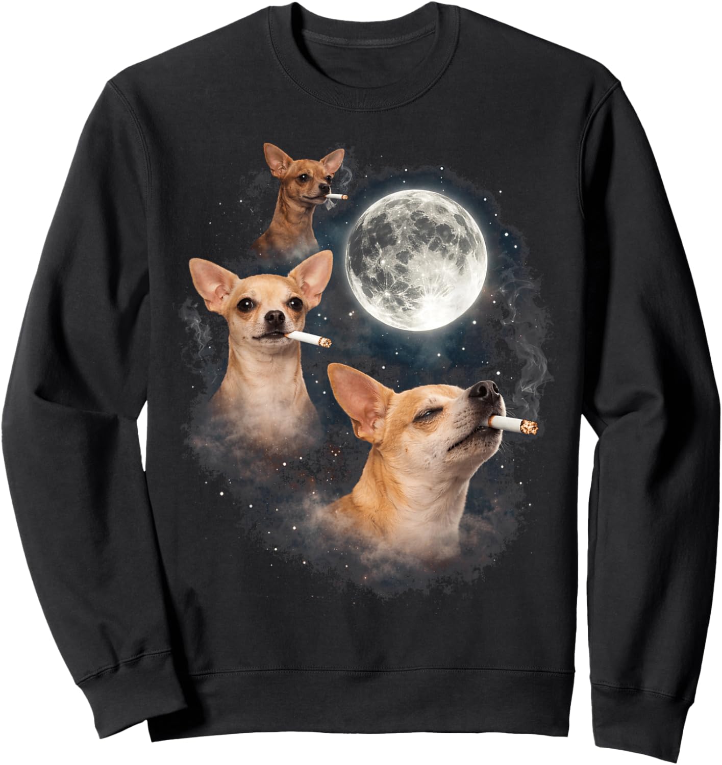Chihuahua Smoking Moon 3 Dog Meme Funny Wolves Howling Sweatshirt - Sweatshirt | Black