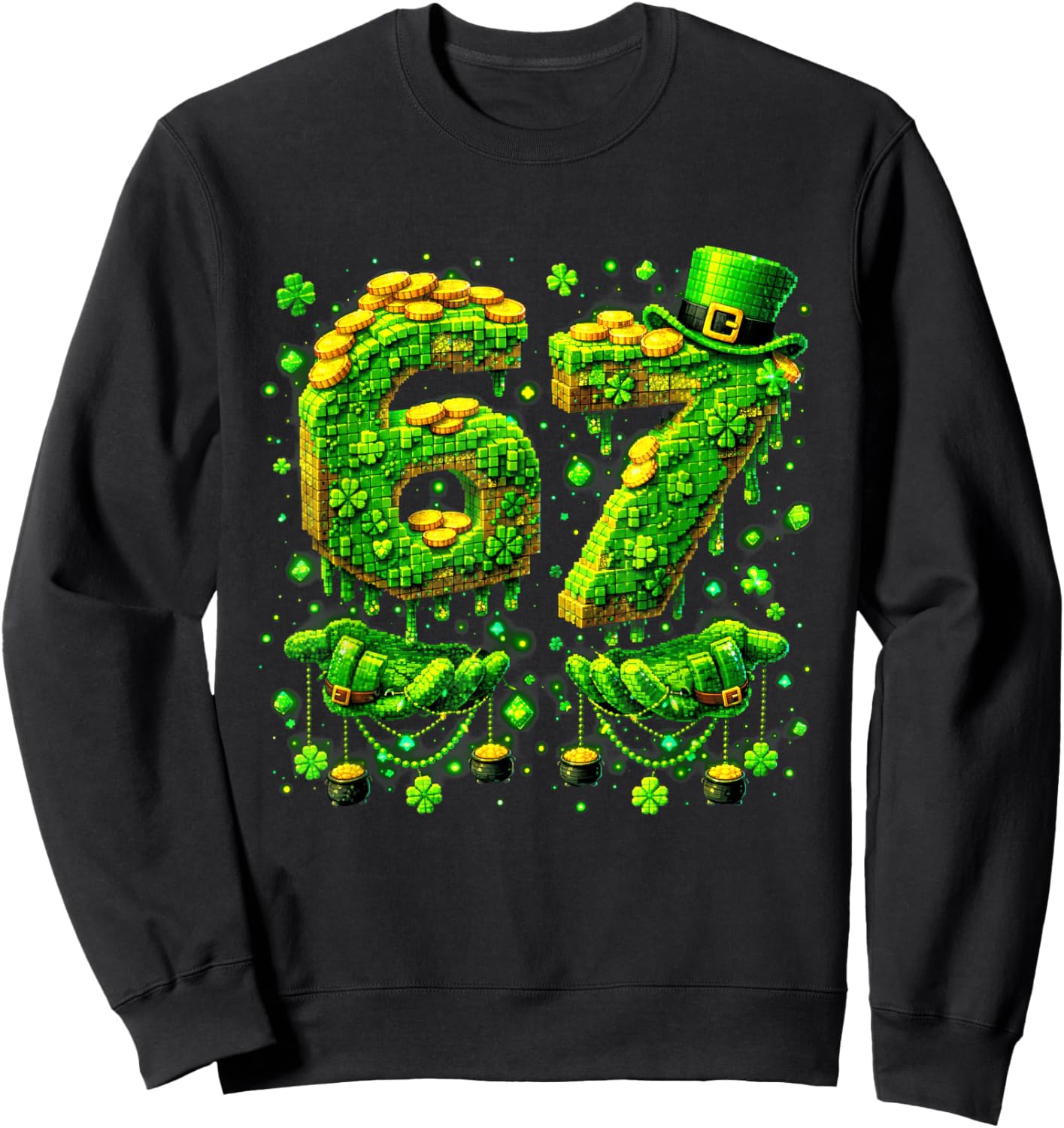 Six Seven Meme 67 St Patricks Day Pixel Shamrock Men Kids Sweatshirt - Sweatshirt | Black