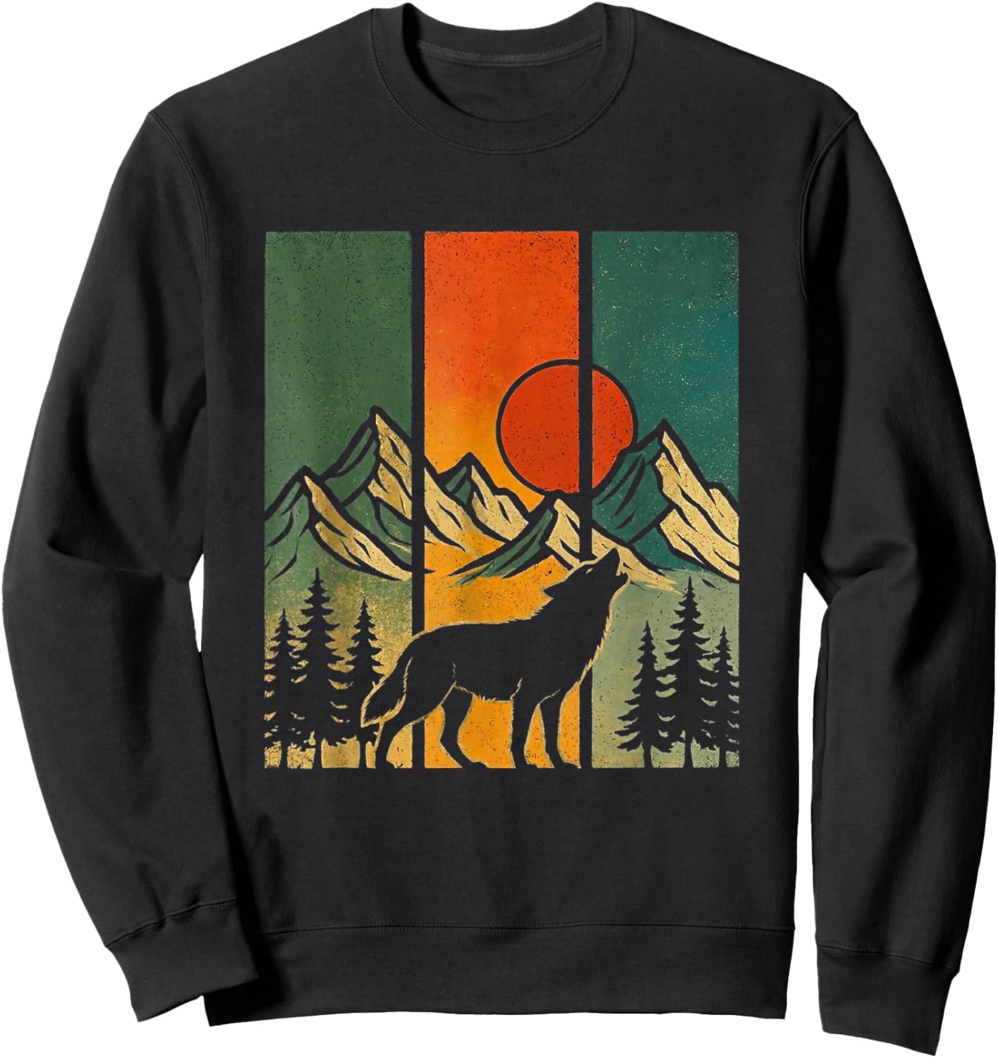 Retro Wolf Mountains Nature Outdoor Vintage Sweatshirt - Sweatshirt | Black