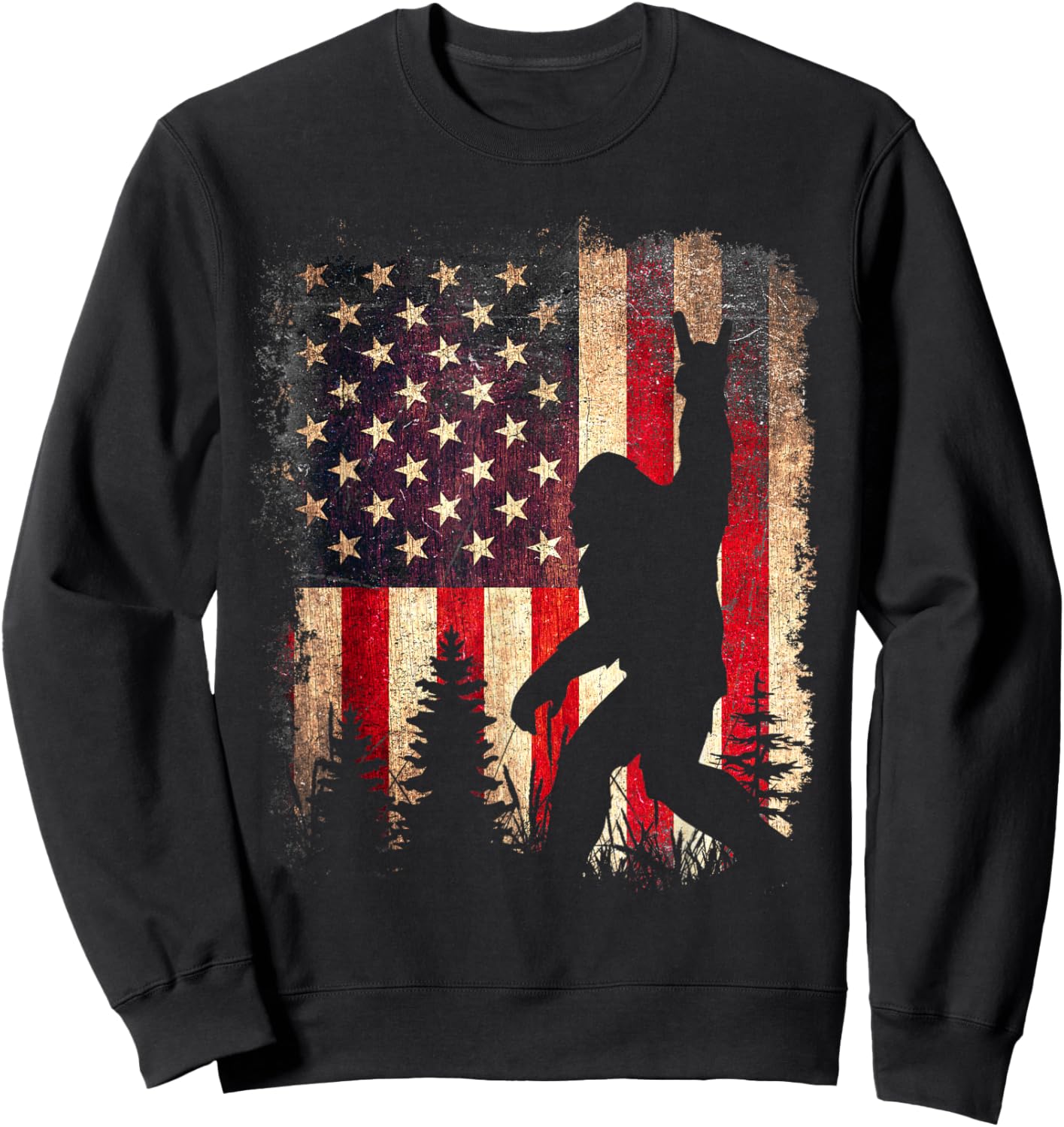 Bigfoot Sasquatch 4th July Patriotic America Flag Men Women Sweatshirt - Sweatshirt | Black