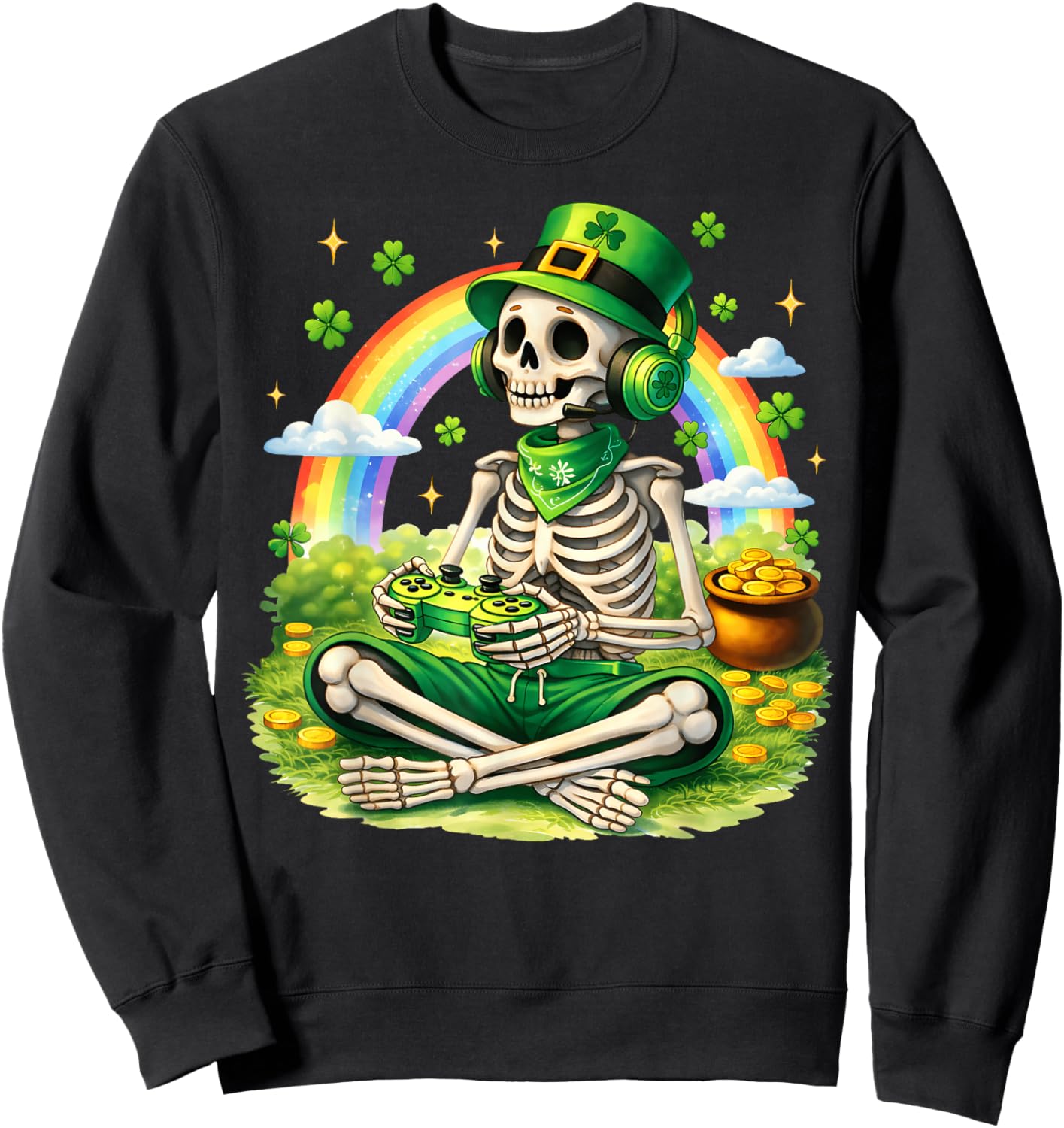 St Patricks Day Skeleton Leprechaun Gamer Irish Boys Men Sweatshirt - Sweatshirt | Black