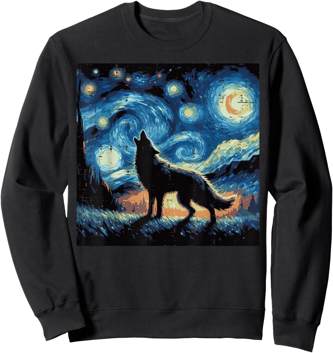 Wolf Starry Night Van Gogh Funny Art Meme Men Women Kids Sweatshirt - Sweatshirt | Black