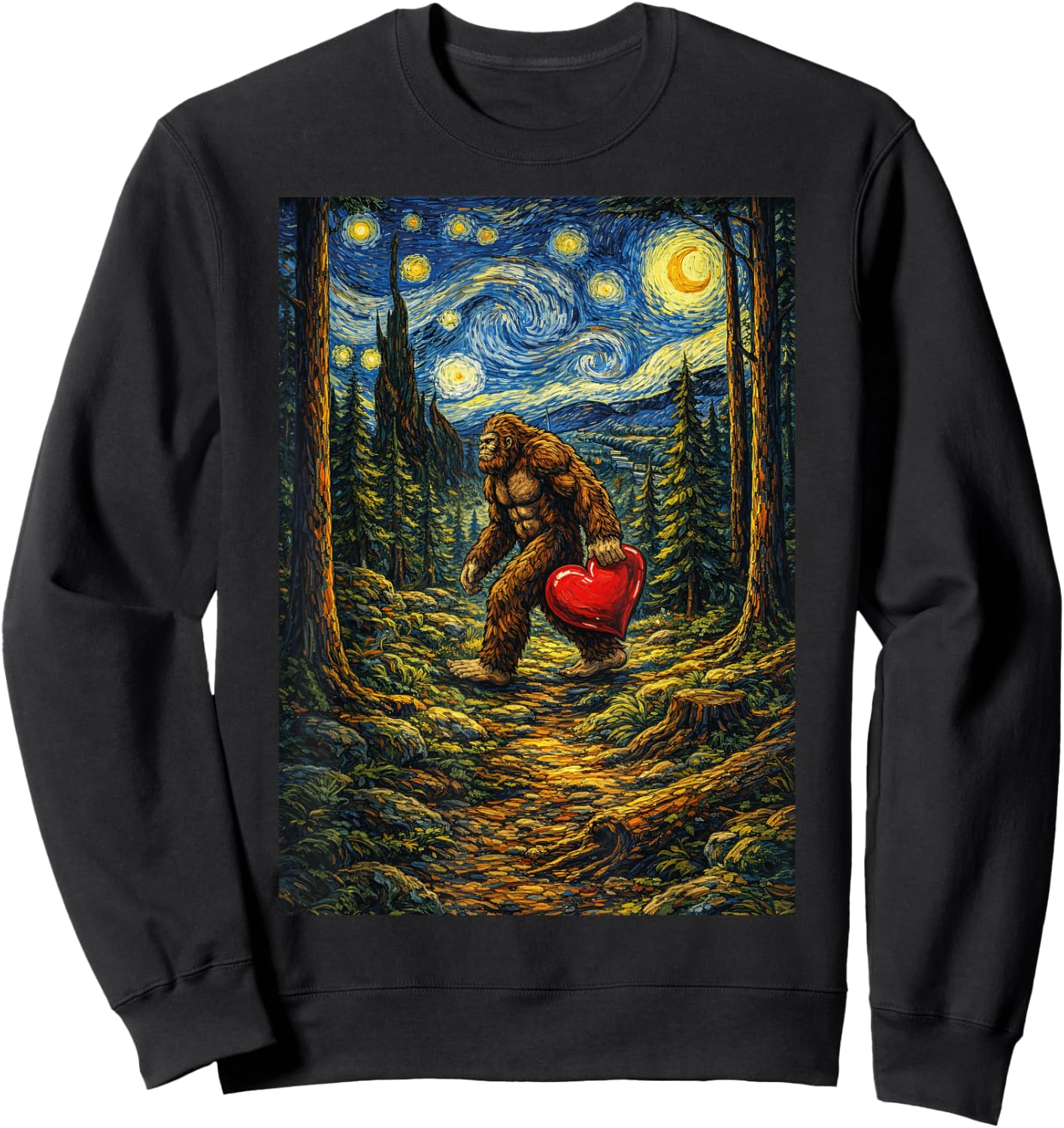 Valentine Love Heart Sasquatch Bigfoot Starry Night Van Gogh Sweatshirt - Sweatshirt | Black