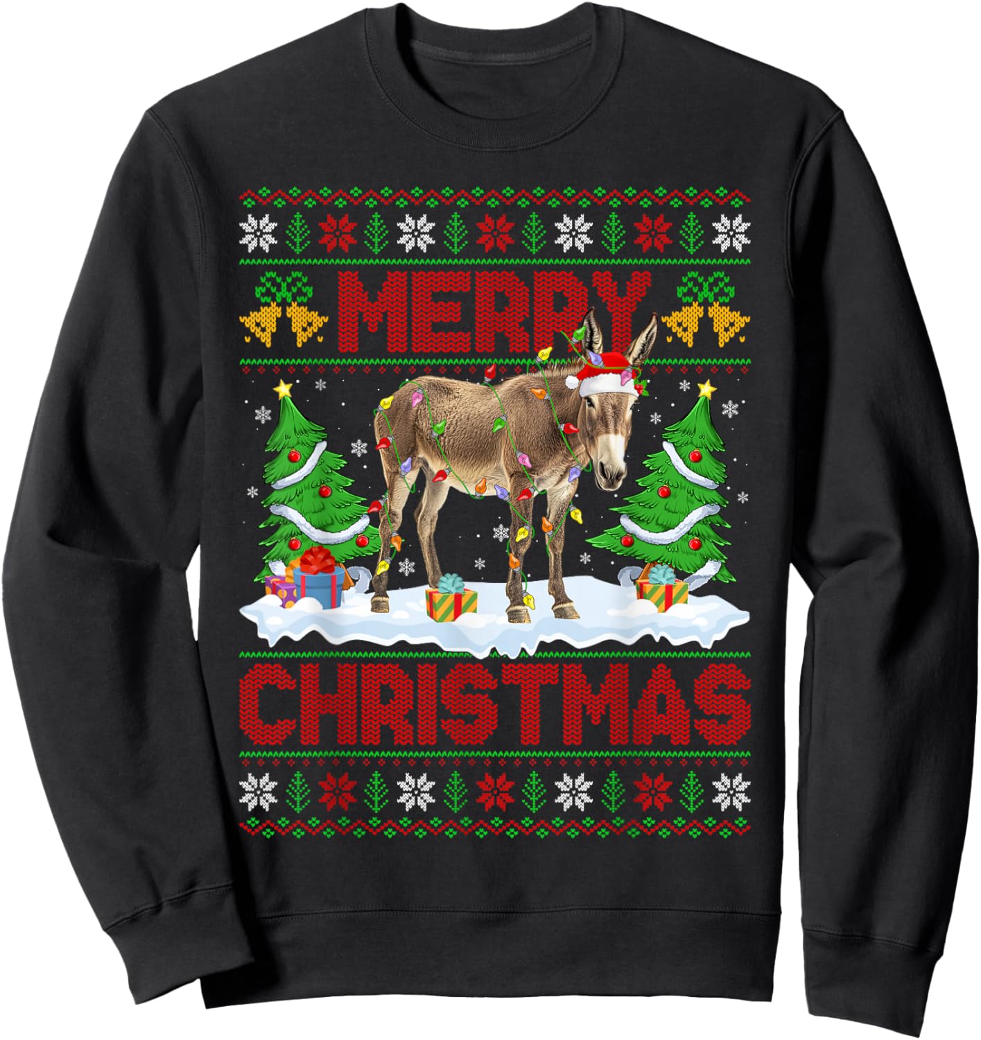 Donkey Mule Ugly Xmas Sweater Funny Animal Lights Christmas Sweatshirt - Sweatshirt | Black
