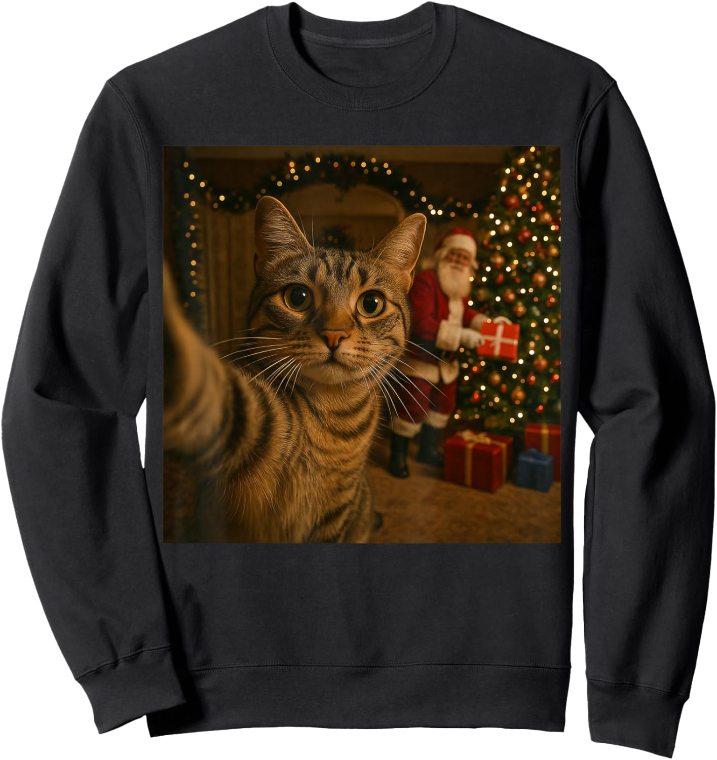 Santa Cat Christmas Tree Shirt, Funny Christmas Cat Selfie Sweatshirt - Sweatshirt | Black