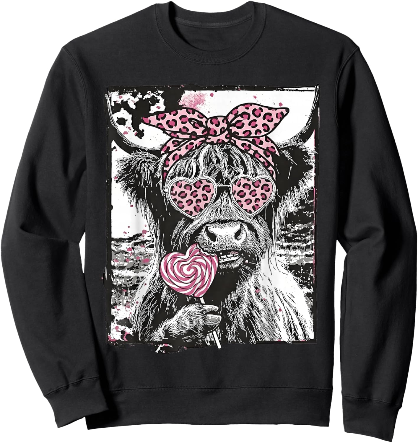 Highland Cow Valentine Coquette Pink Leopard Lollipop Heart Sweatshirt - Sweatshirt | Black