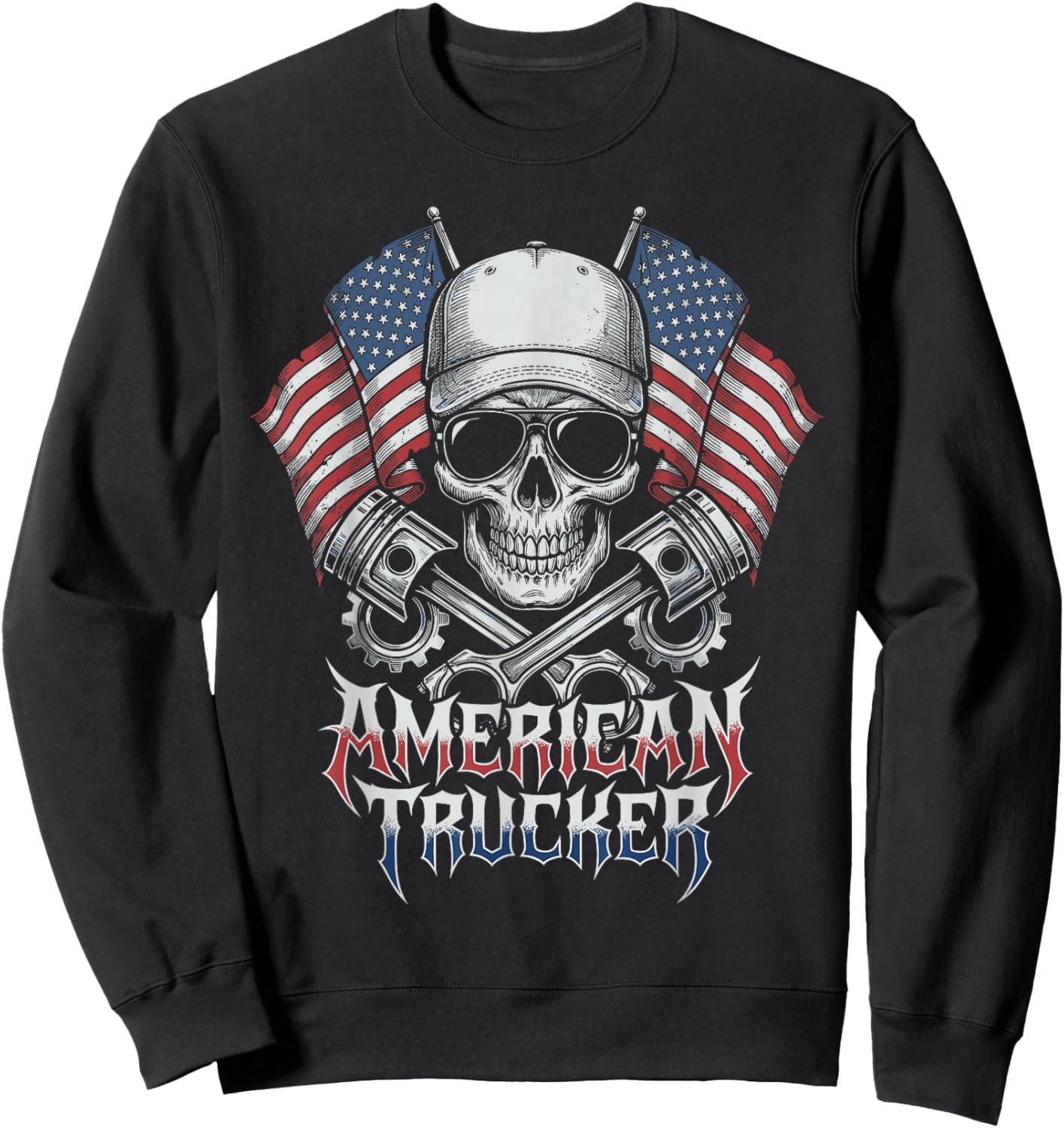American Trucker Skull US Flag Patriotic Semi Truck Driver Sweatshirt - Sweatshirt | Black