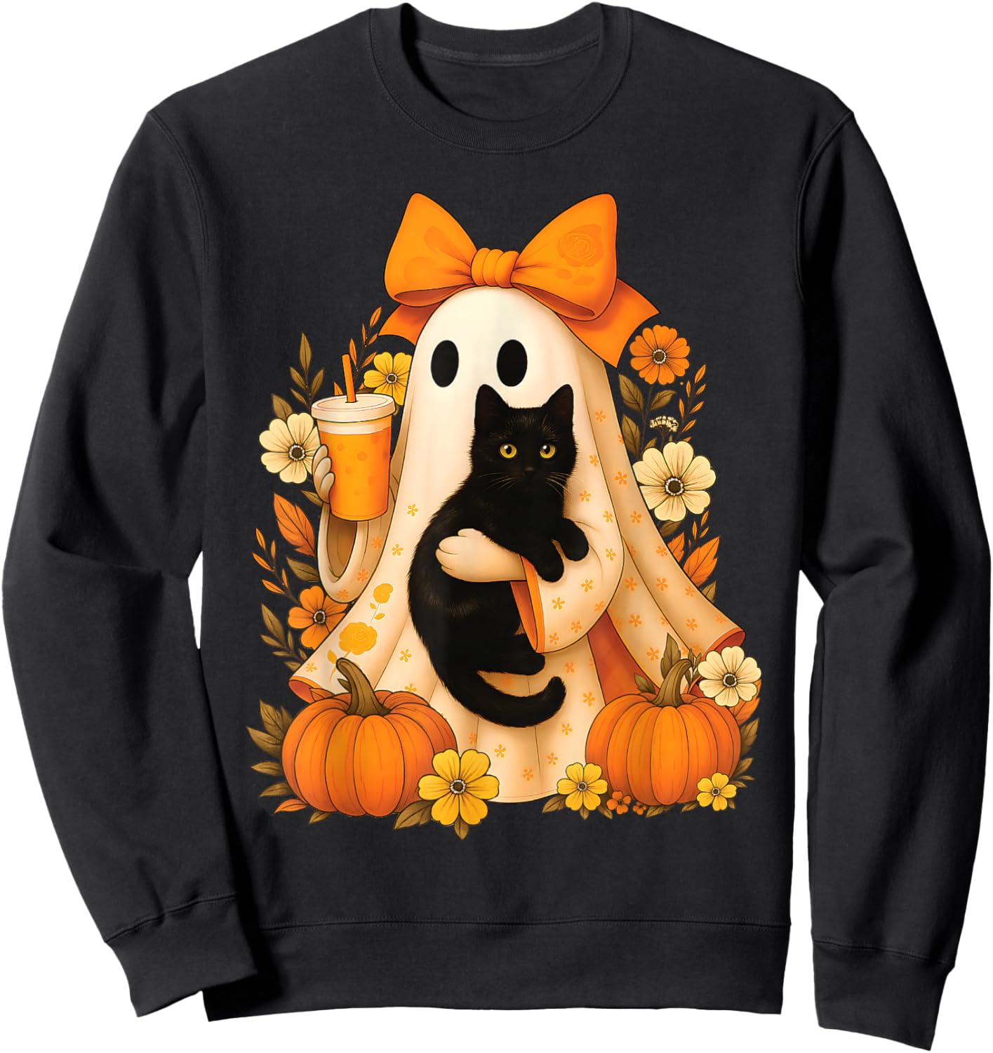 Retro Ghost Holding Cat Groovy Floral Vintage Halloween Sweatshirt - Sweatshirt | Black