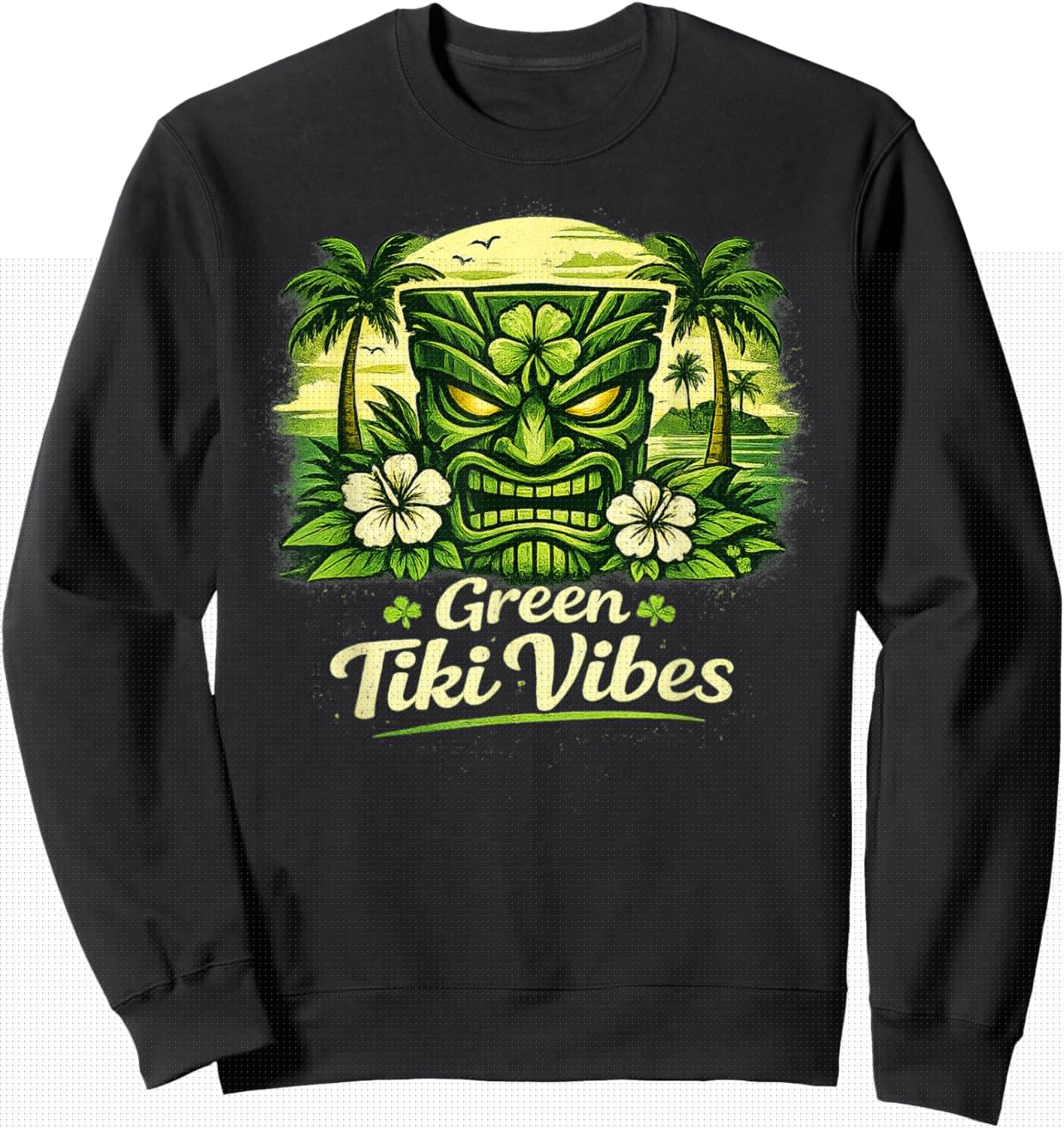 Tiki Luck Vibes Shamrock Tiki Hawaii Tropical St Patrick Day Sweatshirt - Sweatshirt | Black