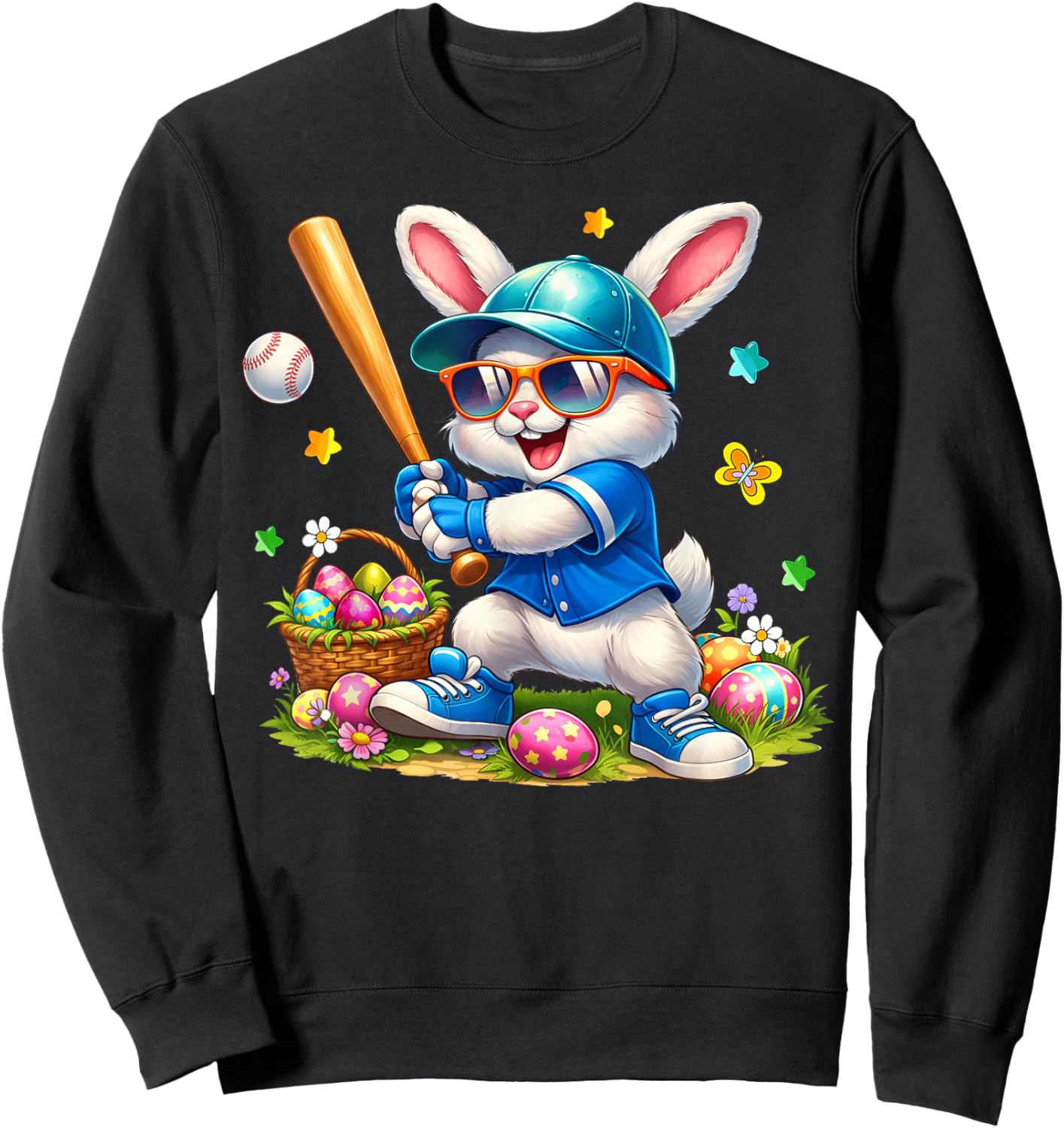 Happy Easter Bunny Playing Baseball Boys Kids Sweatshirt - Sweatshirt | Black