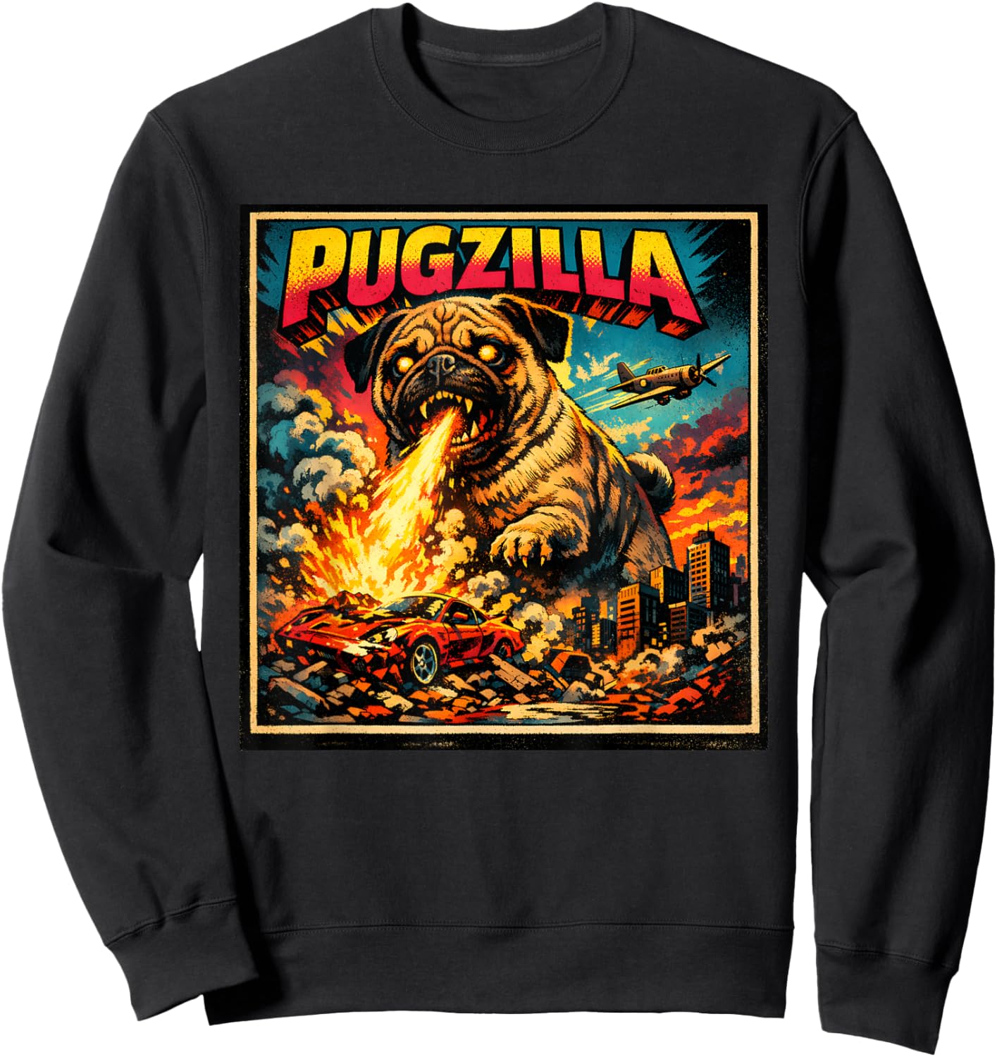 Retro Pugzilla Cute Pug Funny Youth Life from Dad Mom Meme Sweatshirt - Sweatshirt | Black