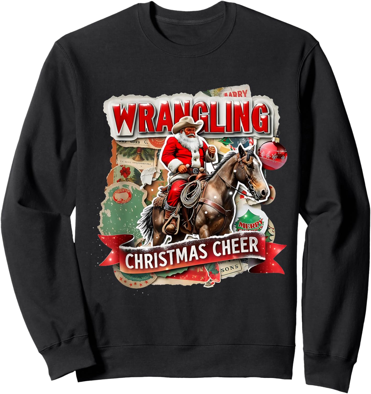 Wrangling Christmas Cheer Cowboy Santa Design Sweatshirt - Sweatshirt | Black