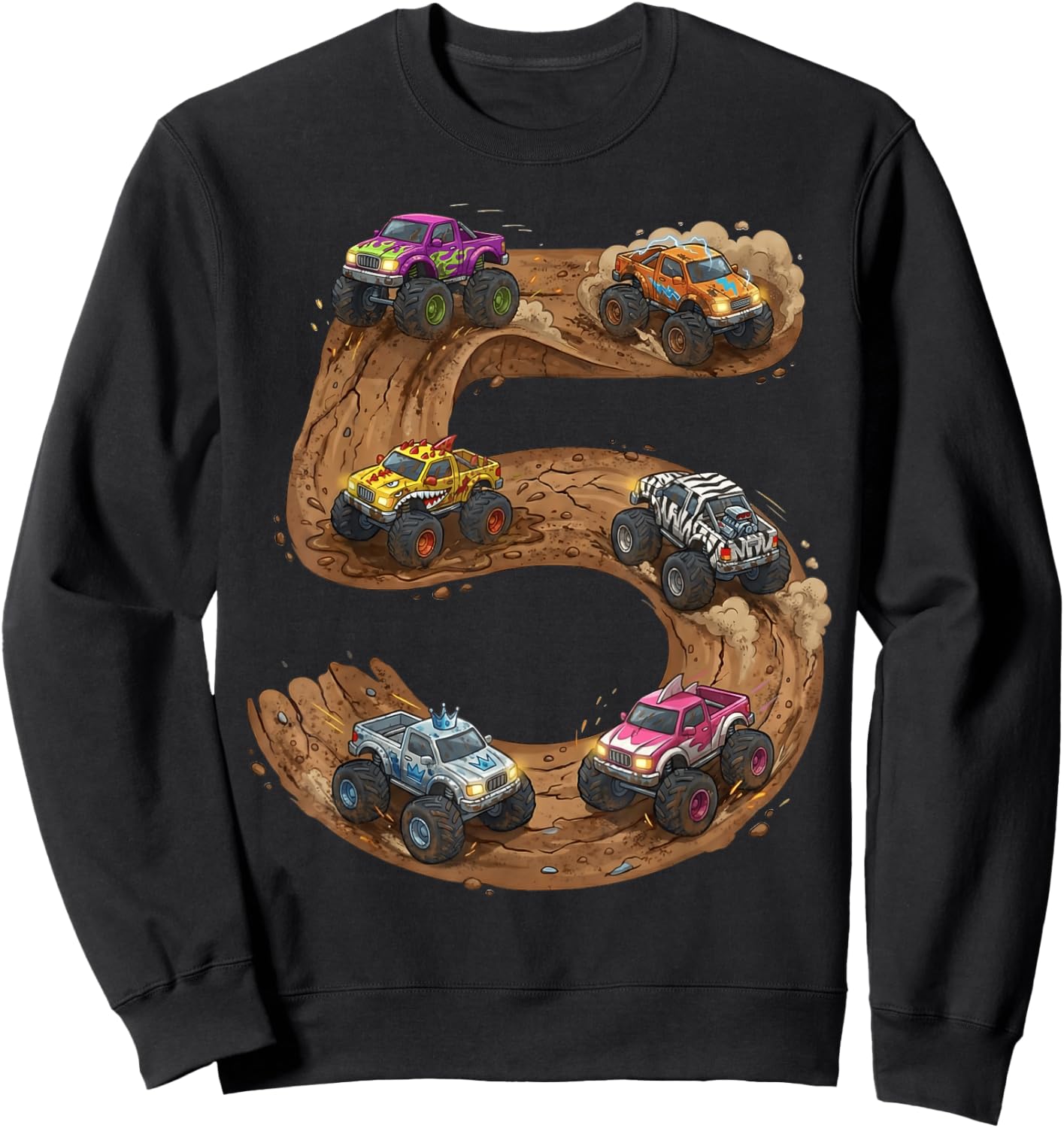 5 Year Old Boy Birthday Monster Trucks Toddler 5th Birthday Sweatshirt - Sweatshirt | Black