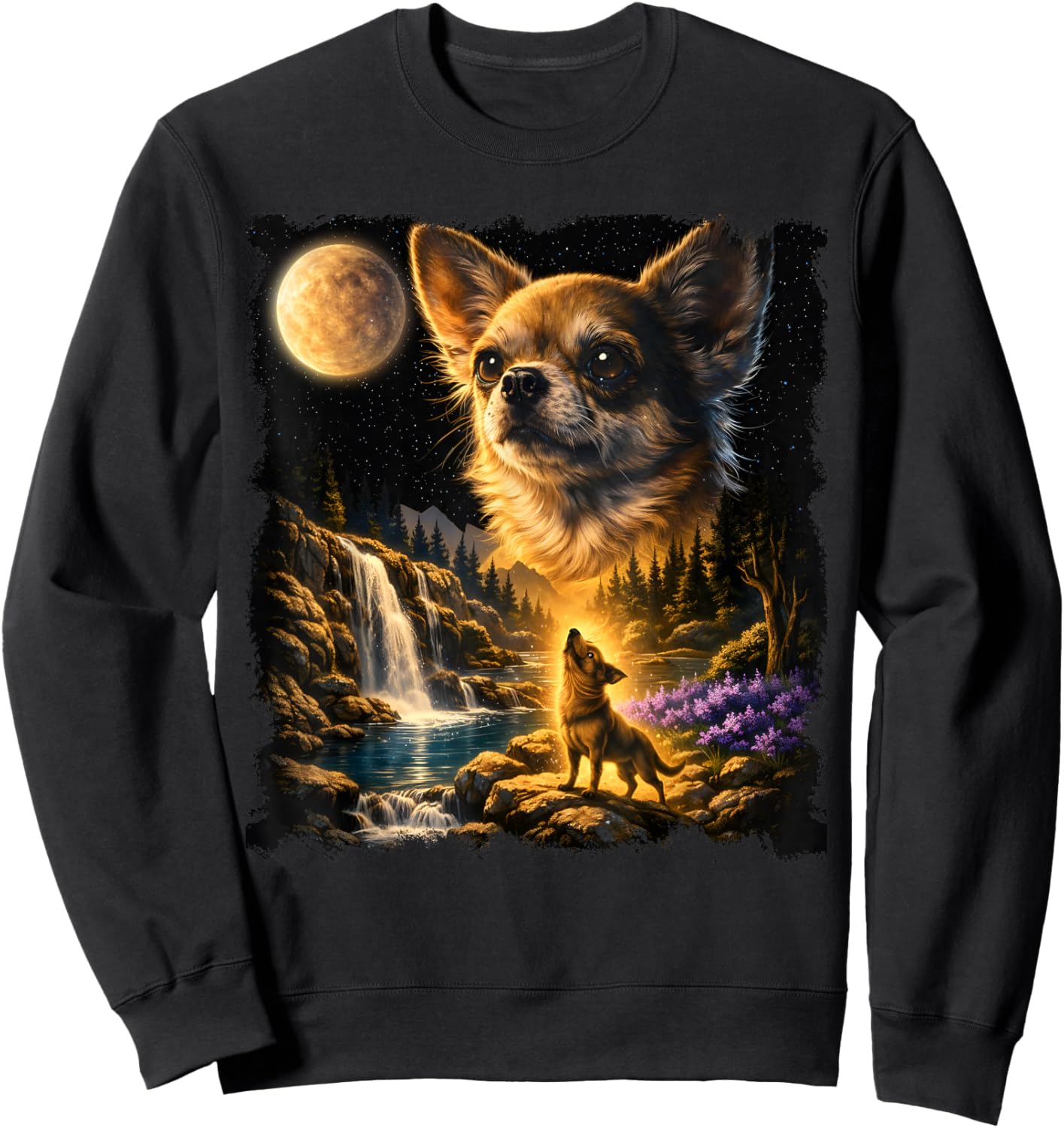Chihuahua Howling to The Moon Vintage 90s Chihuahua Mom Dad Sweatshirt - Sweatshirt | Black
