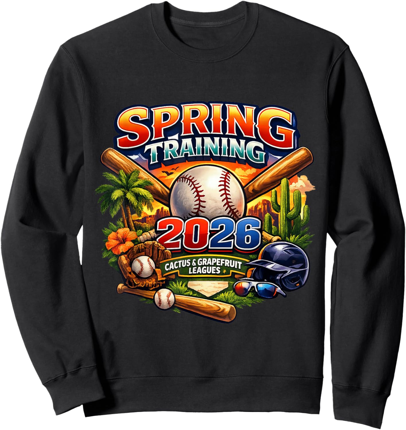 Spring Training 2026 Baseball Fan Design Retro Palm Cactus Sweatshirt - Sweatshirt | Black