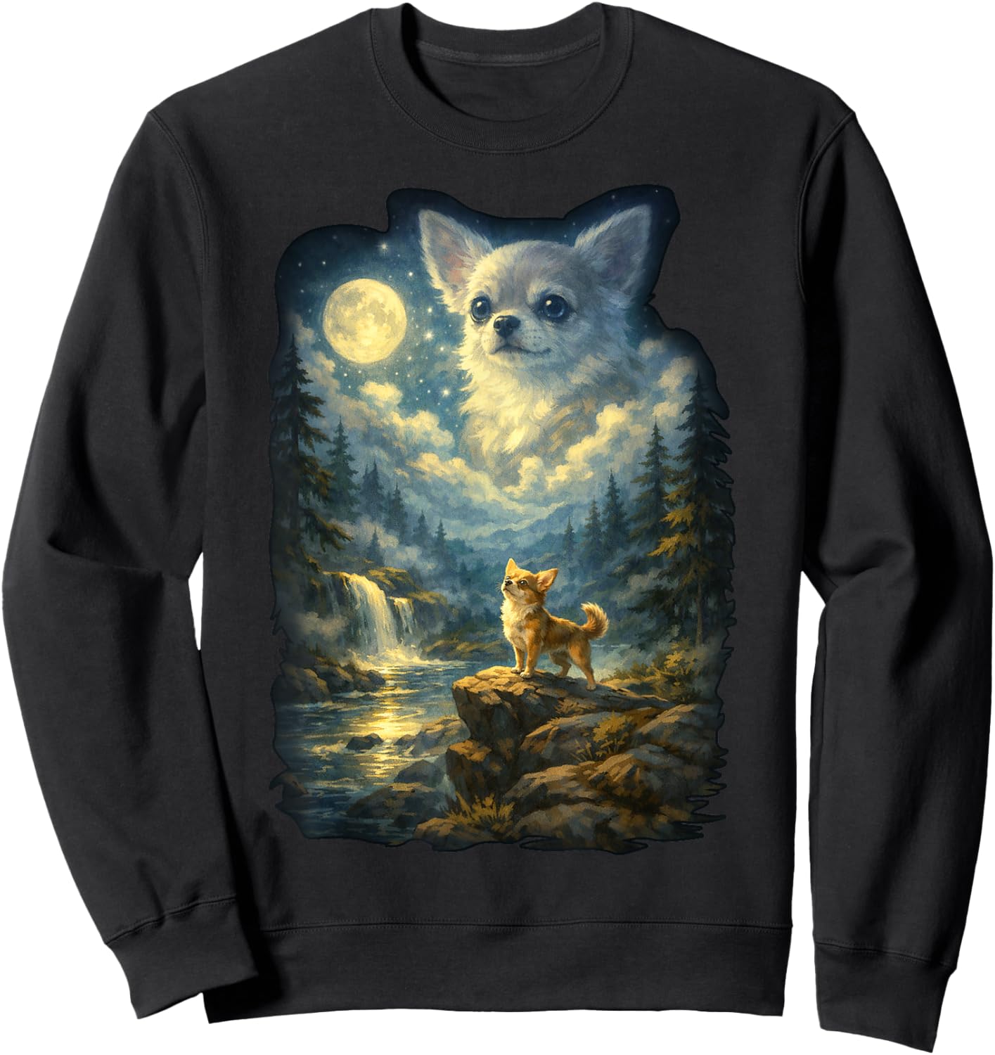 Chihuahua Dog Moonlit Night Art Chihuahua Howling at Moon Sweatshirt - Sweatshirt | Black