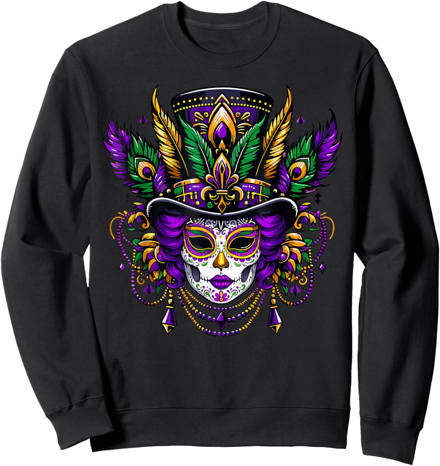 Mardi Gras Mask Feathers Carnival New Orleans Fleur De Lis Sweatshirt - Sweatshirt | Black