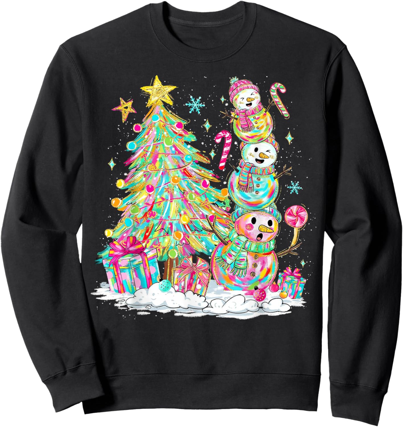 Colorful Christmas Snowman Scene for Kids Holiday Fun Sweatshirt - Sweatshirt | Black