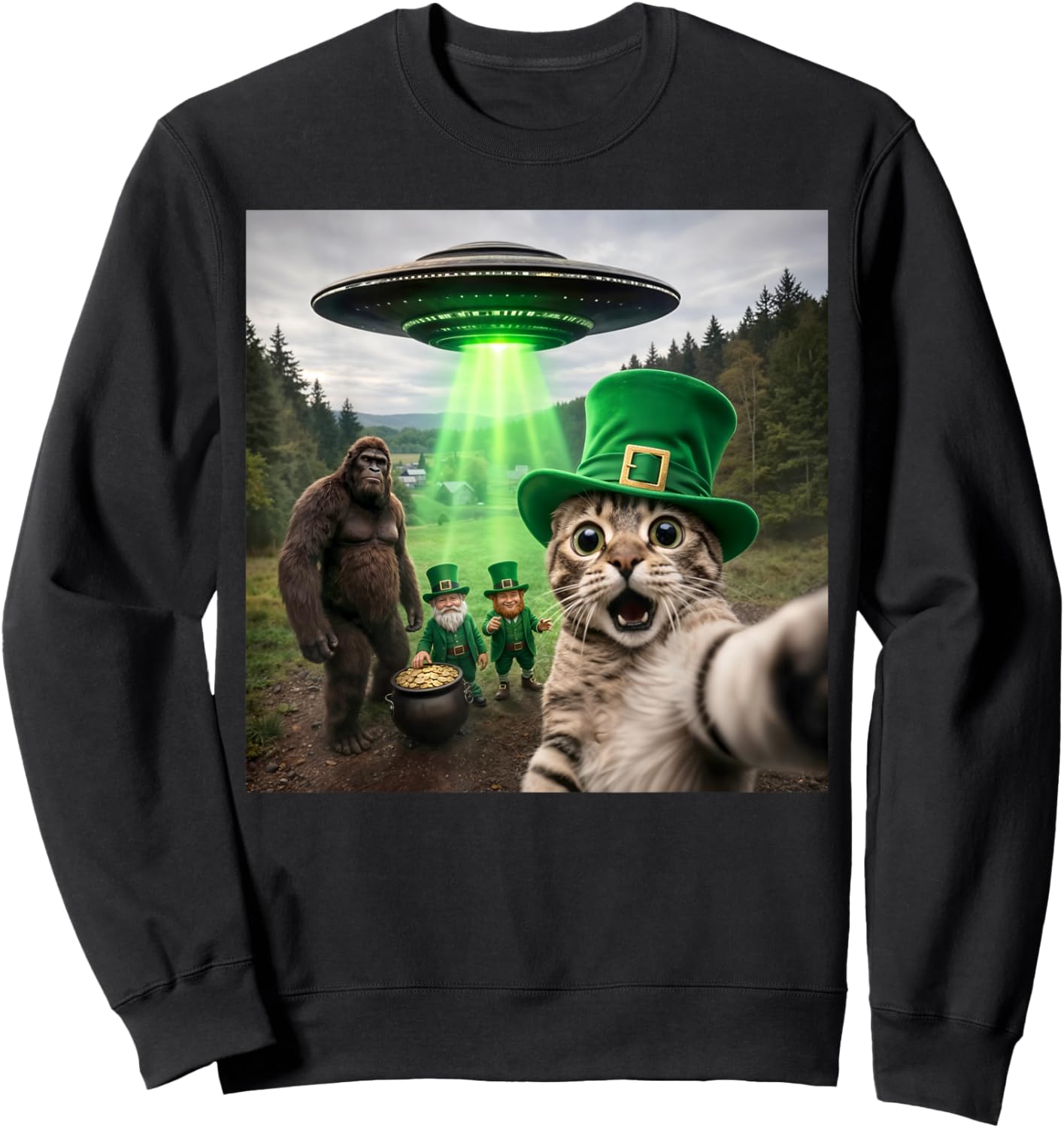Funny St Patricks Day Cat Selfie with Leprechaun Bigfoot UFO Sweatshirt - Sweatshirt | Black