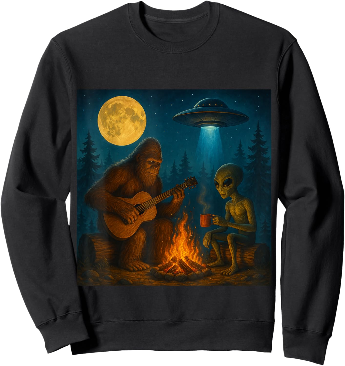 Funny Bigfoot and Alien Campfire Moon UFO Hiking Adventure Sweatshirt - Sweatshirt | Black