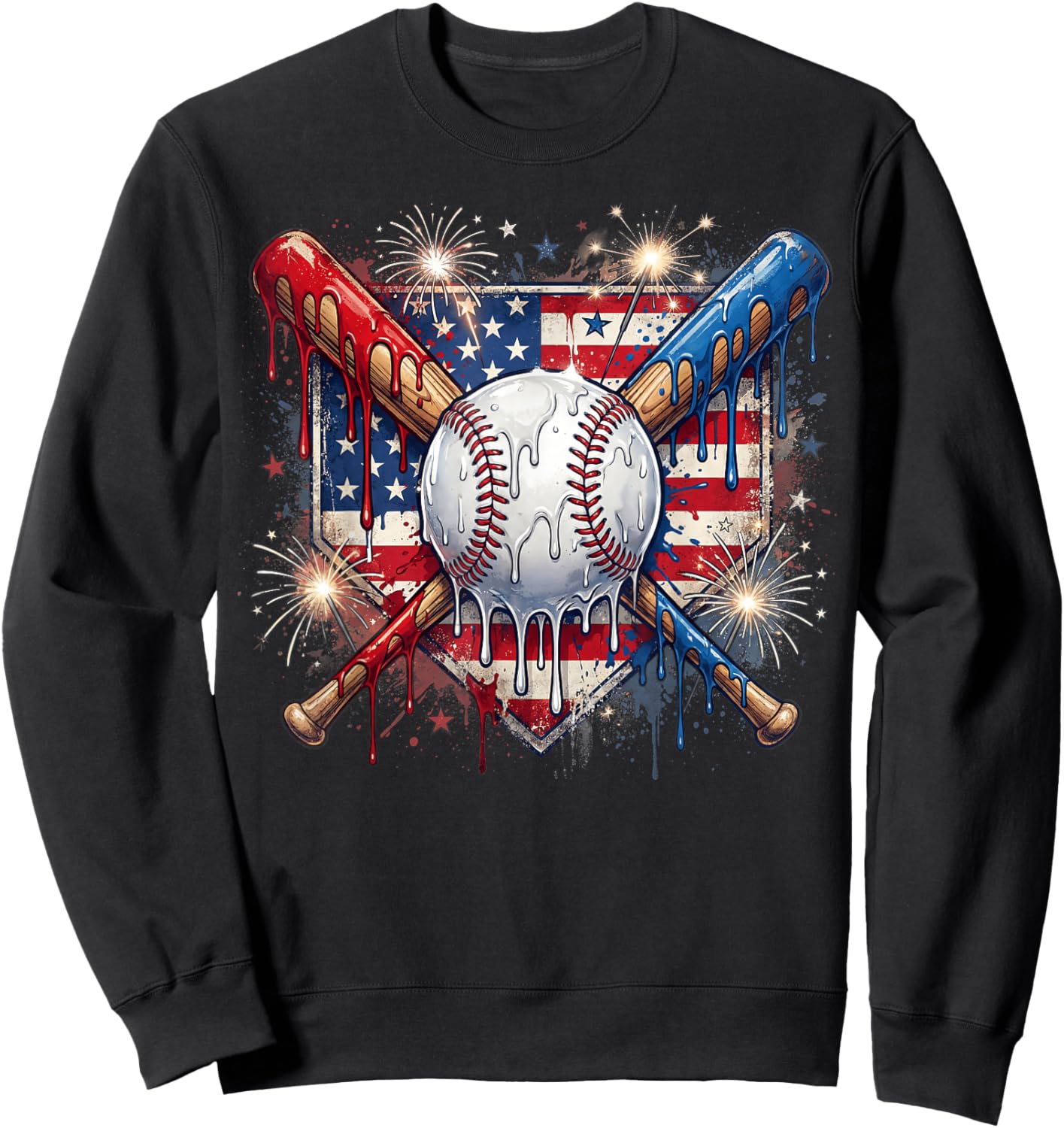 4th of July Baseball Drip Ice Cream Patriotic American Flag Sweatshirt - Sweatshirt | Black