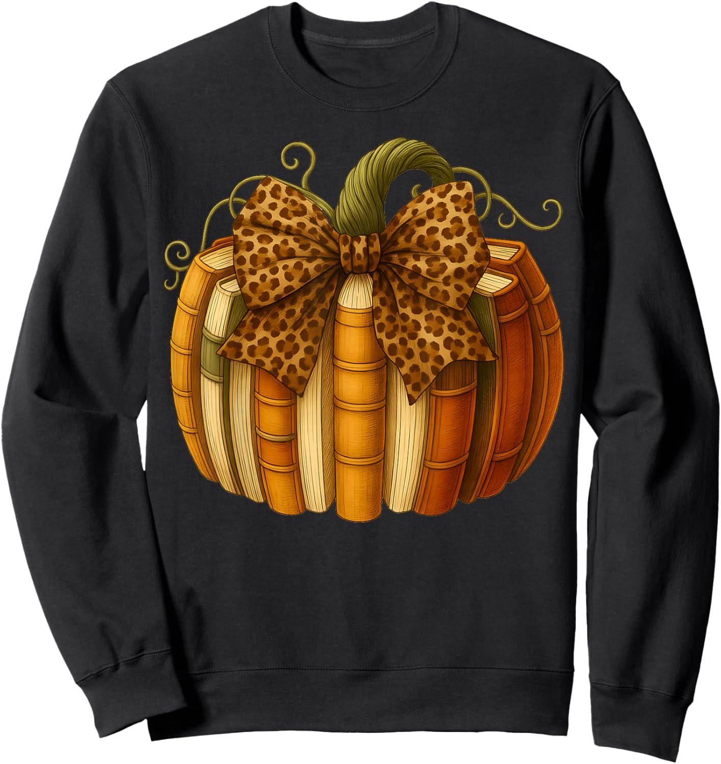 Leopard Bow Book Pumpkin Thanksgiving Fall Coquette Bow Sweatshirt - Sweatshirt | Black