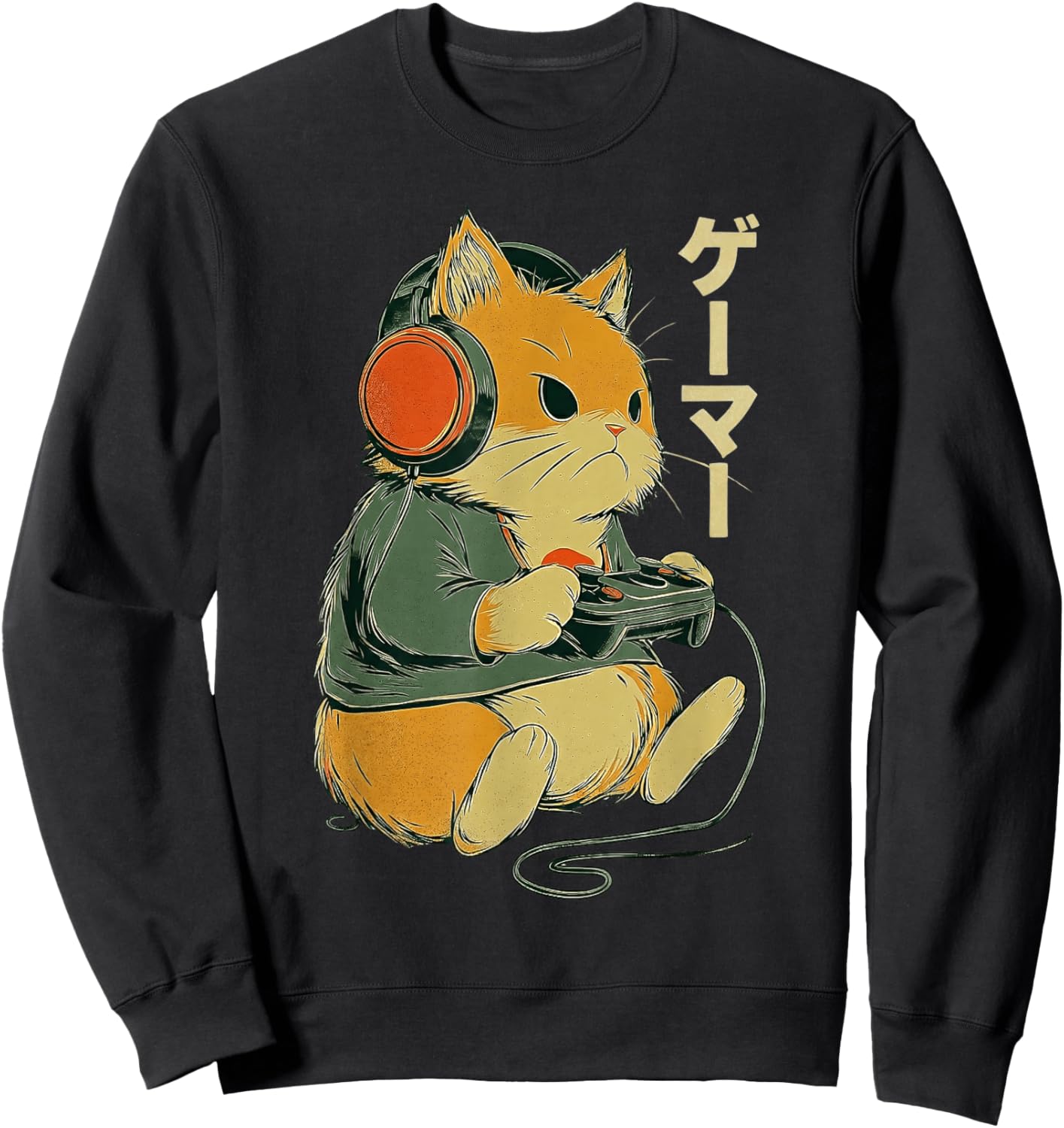Japanese Cat Gamer Art Men Women Boys Funny Vintage Gaming Sweatshirt - Sweatshirt | Black
