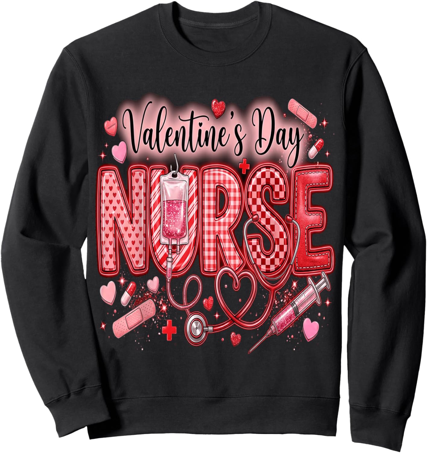 Red Healthcare ER RN CNA ICU Valentine Nurse Heart Nurses Sweatshirt - Sweatshirt | Black