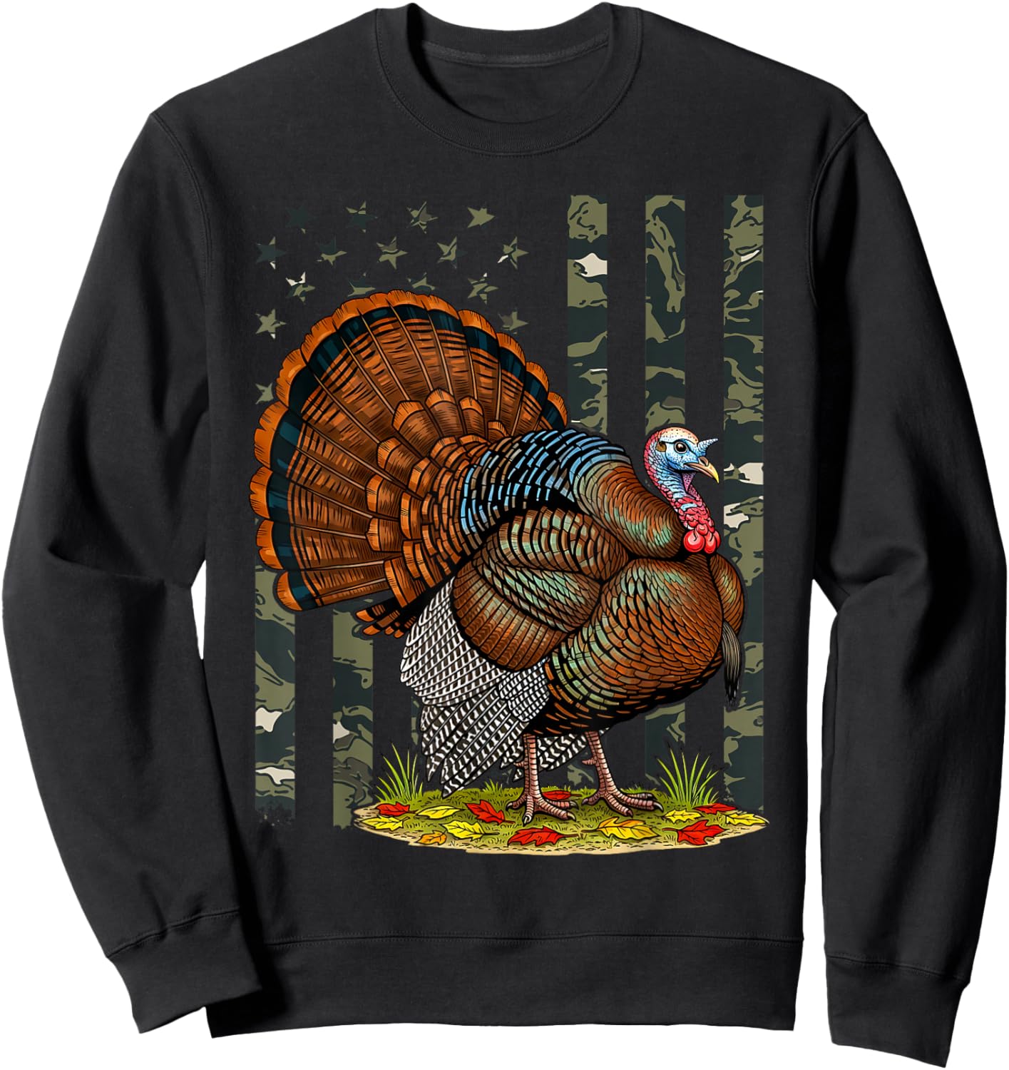 Turkey Hunting Graphic American Flag Tree Camouflage Sweatshirt - Sweatshirt | Black