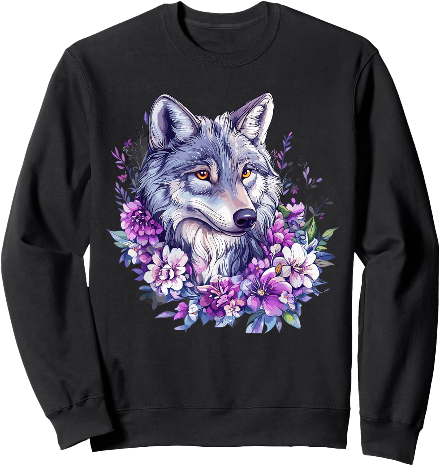 Wild Wolf with Purple Flowers Mystic Bloom Sweatshirt - Sweatshirt | Black