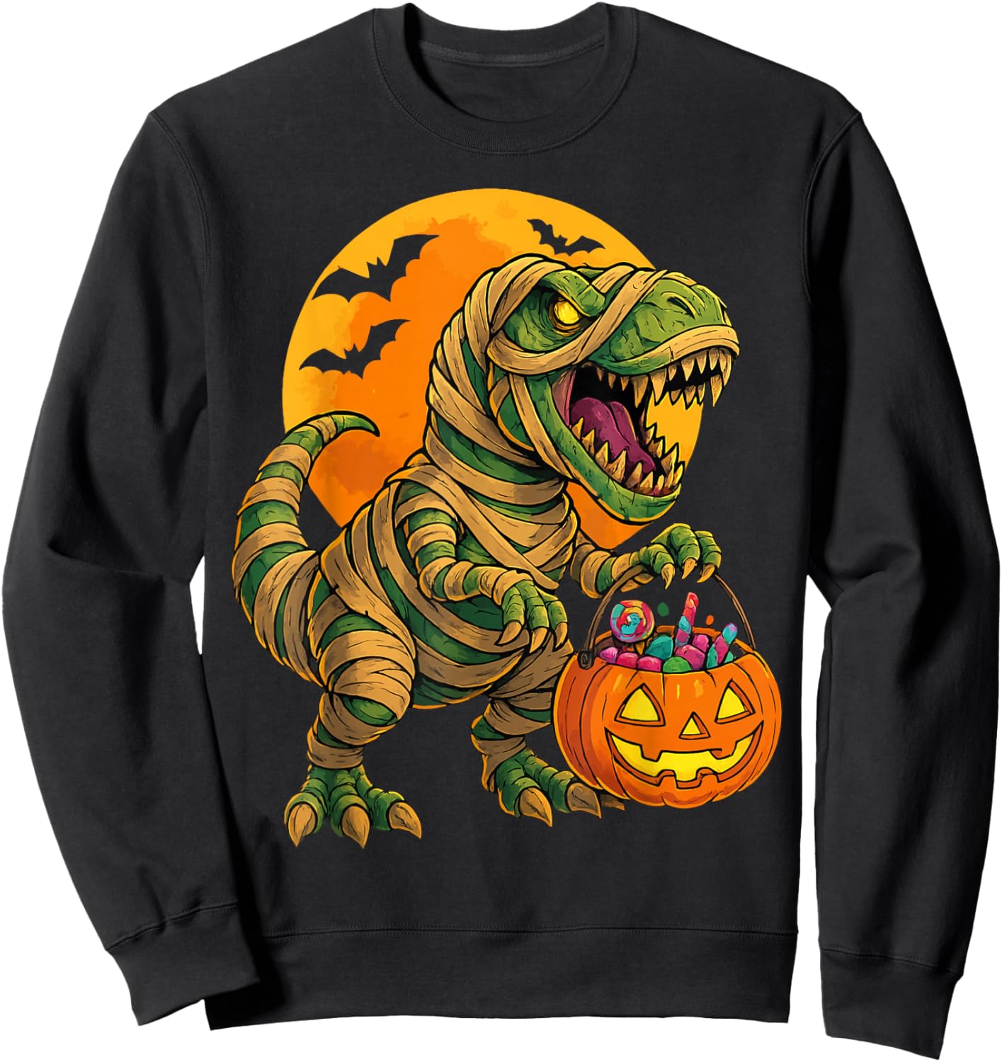 Halloween Boys Dinosaur Mummy T rex Scary Pumpkin Moon Sweatshirt - Sweatshirt | Black