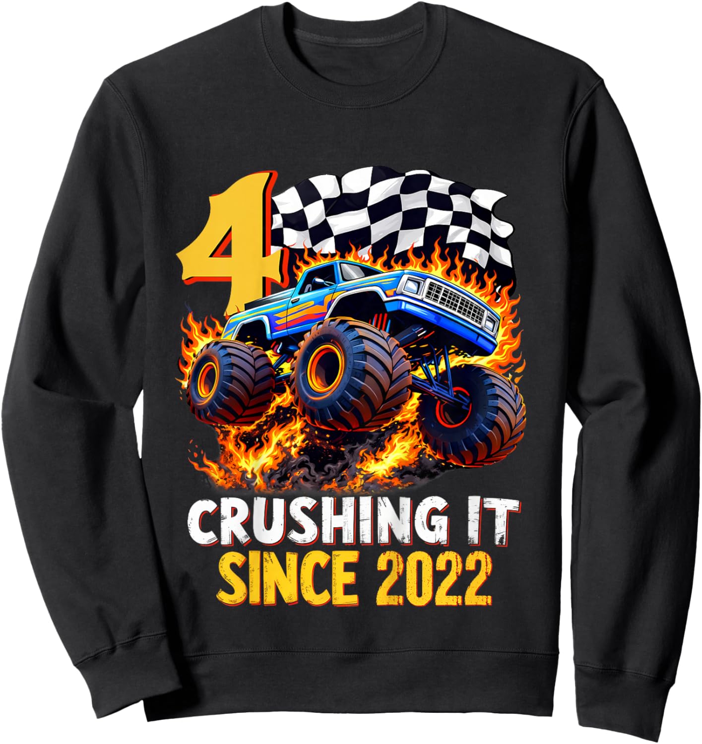 Kids 4th Birthday Monster Truck 4 Year Old Gift Boys Born in 2022 Sweatshirt - Sweatshirt | Black